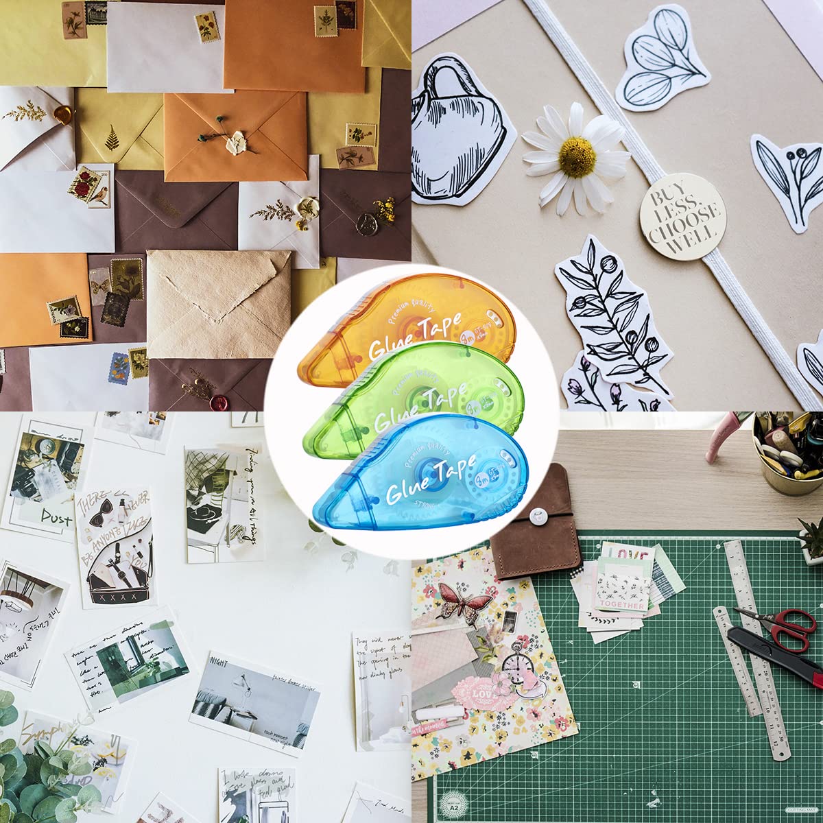 Showcases various creative applications for the glue tape, demonstrating its versatility in paper crafts and stationery projects.