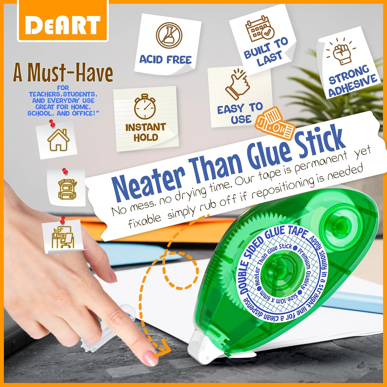 Highlights multiple key features and benefits of the glue tape to demonstrate its versatility and superiority over traditional glue sticks.