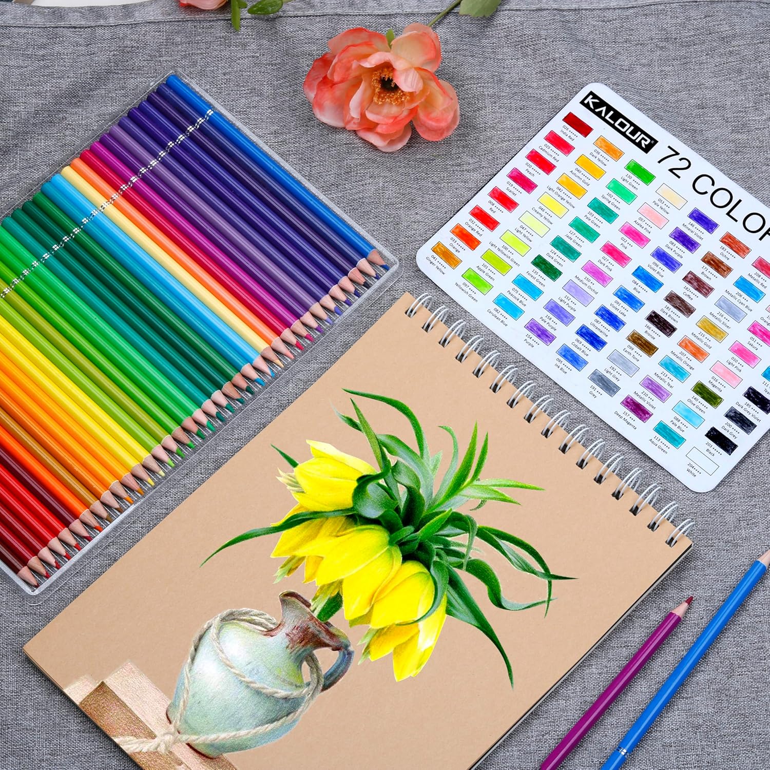 Shows the complete set of art supplies included in the product, highlighting the variety of colors and complementary items.