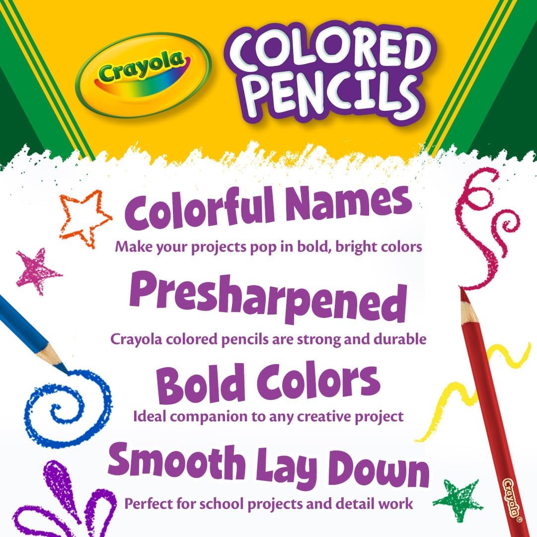 Highlights multiple key features of Crayola colored pencils to showcase their quality and versatility for creative projects.
