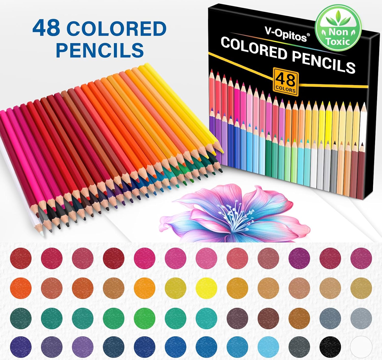 Shows the full set of 48 colored pencils included in the package, highlighting the variety of colors and non-toxic nature of the product.
