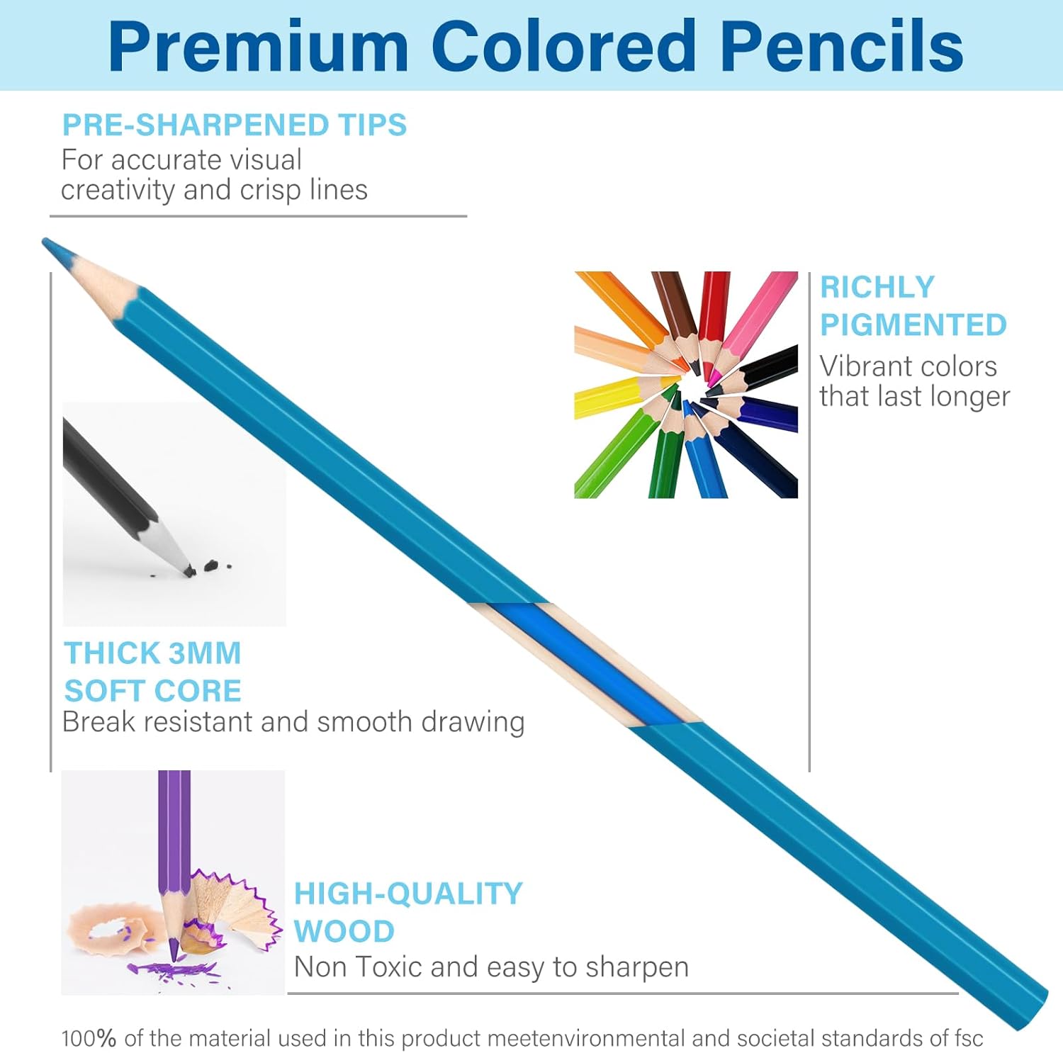 Highlights multiple premium features of the colored pencils to demonstrate their quality and suitability for artistic use.