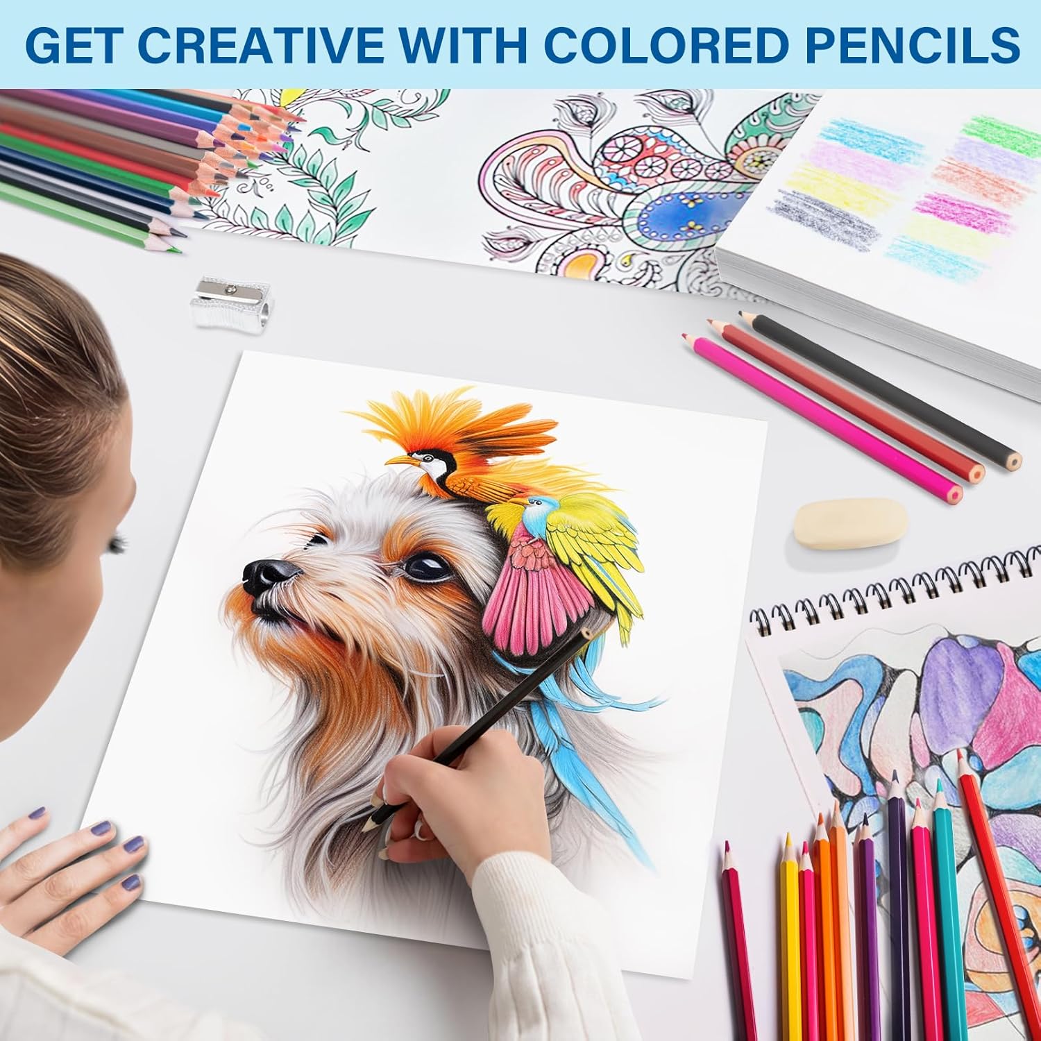 Showcases the versatility of colored pencils for various creative applications like detailed drawing and coloring.