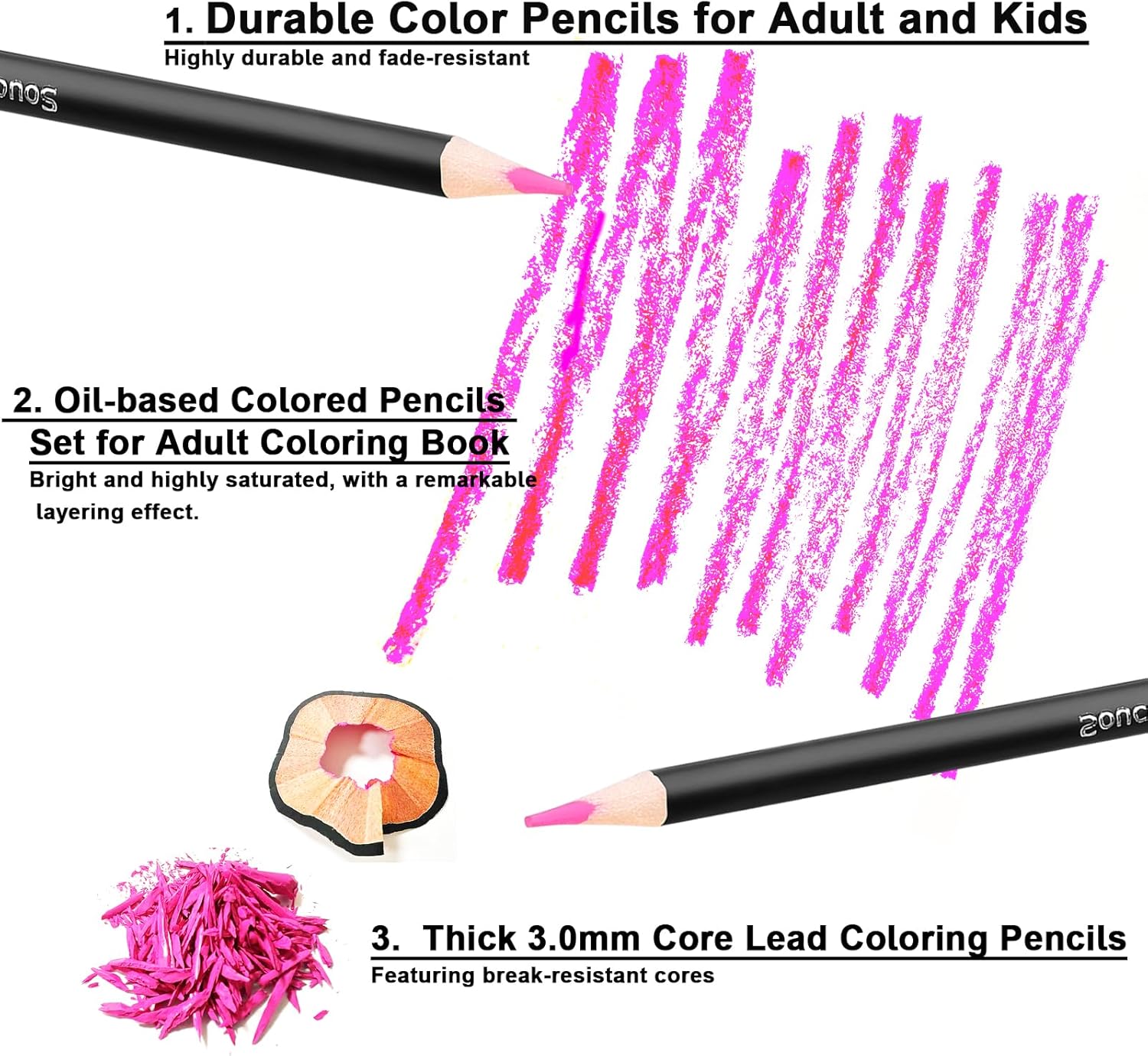 Highlights multiple key features of the colored pencils to demonstrate their quality and suitability for both adults and children.