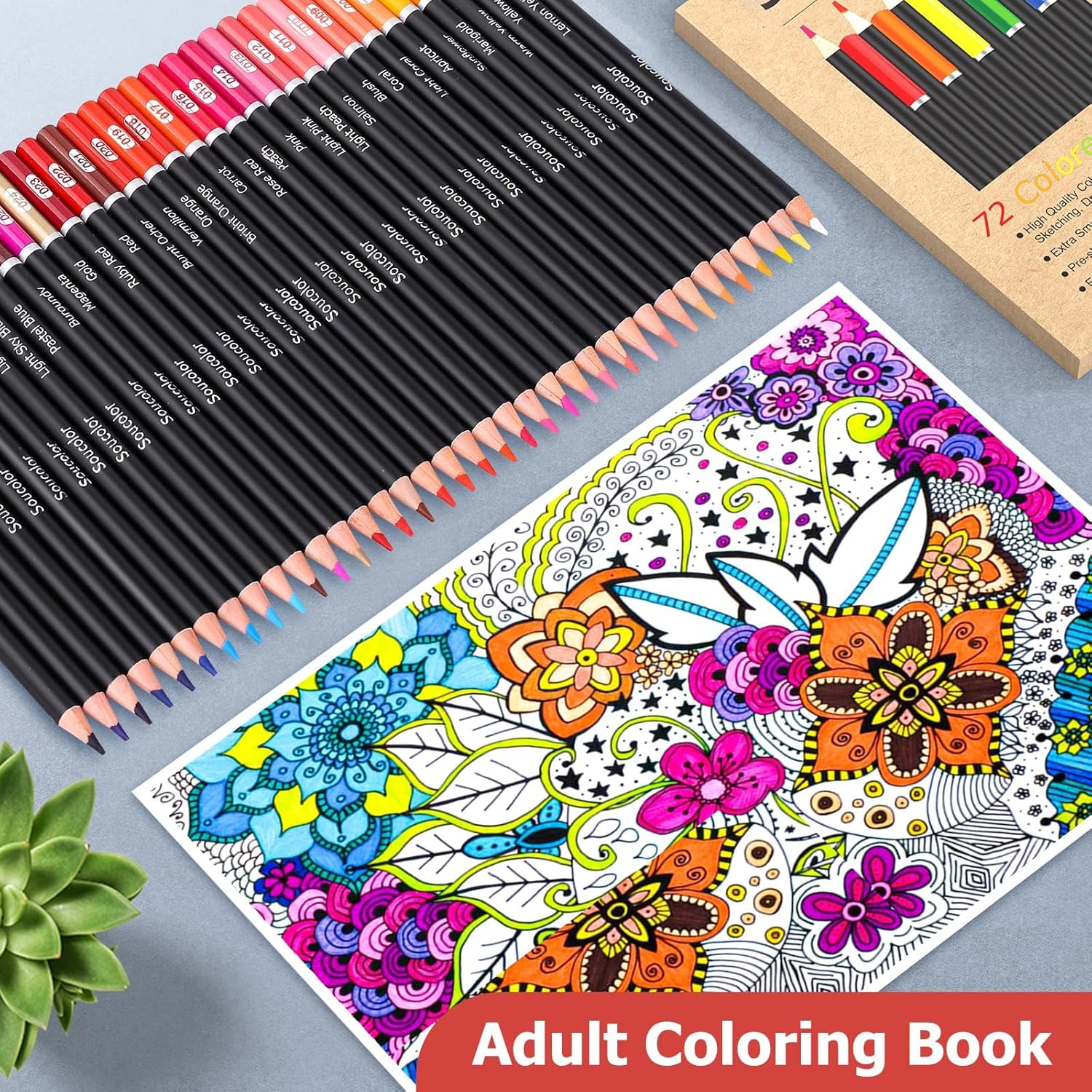 Shows the complete set of colored pencils and a sample coloring page to demonstrate the product's contents and usage.