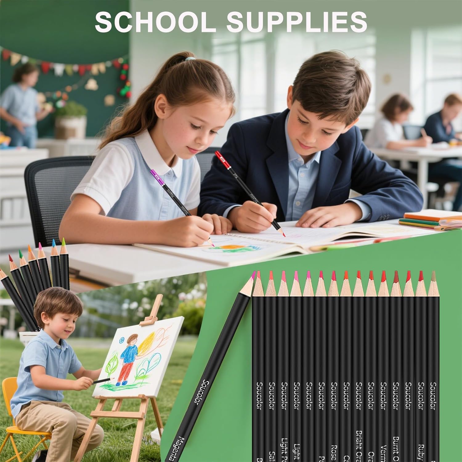 Demonstrates various ways the colored pencils can be used for schoolwork and creative activities, appealing to parents and students.
