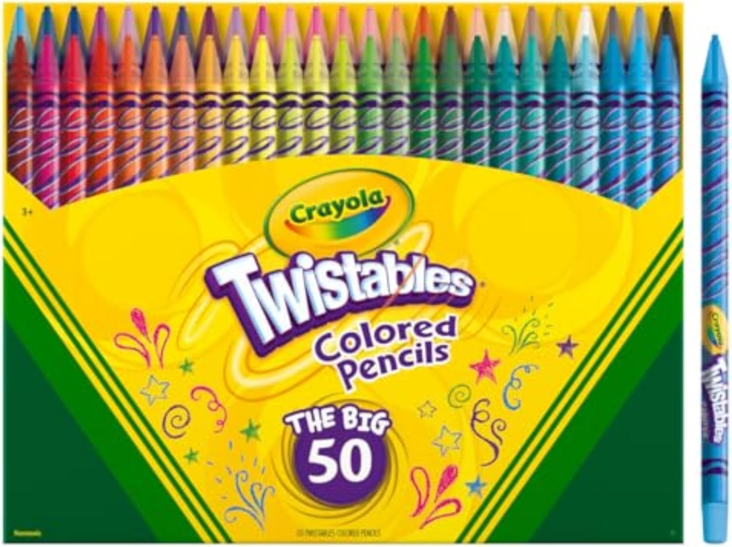 Shows the full set of 50 Twistables colored pencils included in the package, highlighting the variety and quantity of colors available.