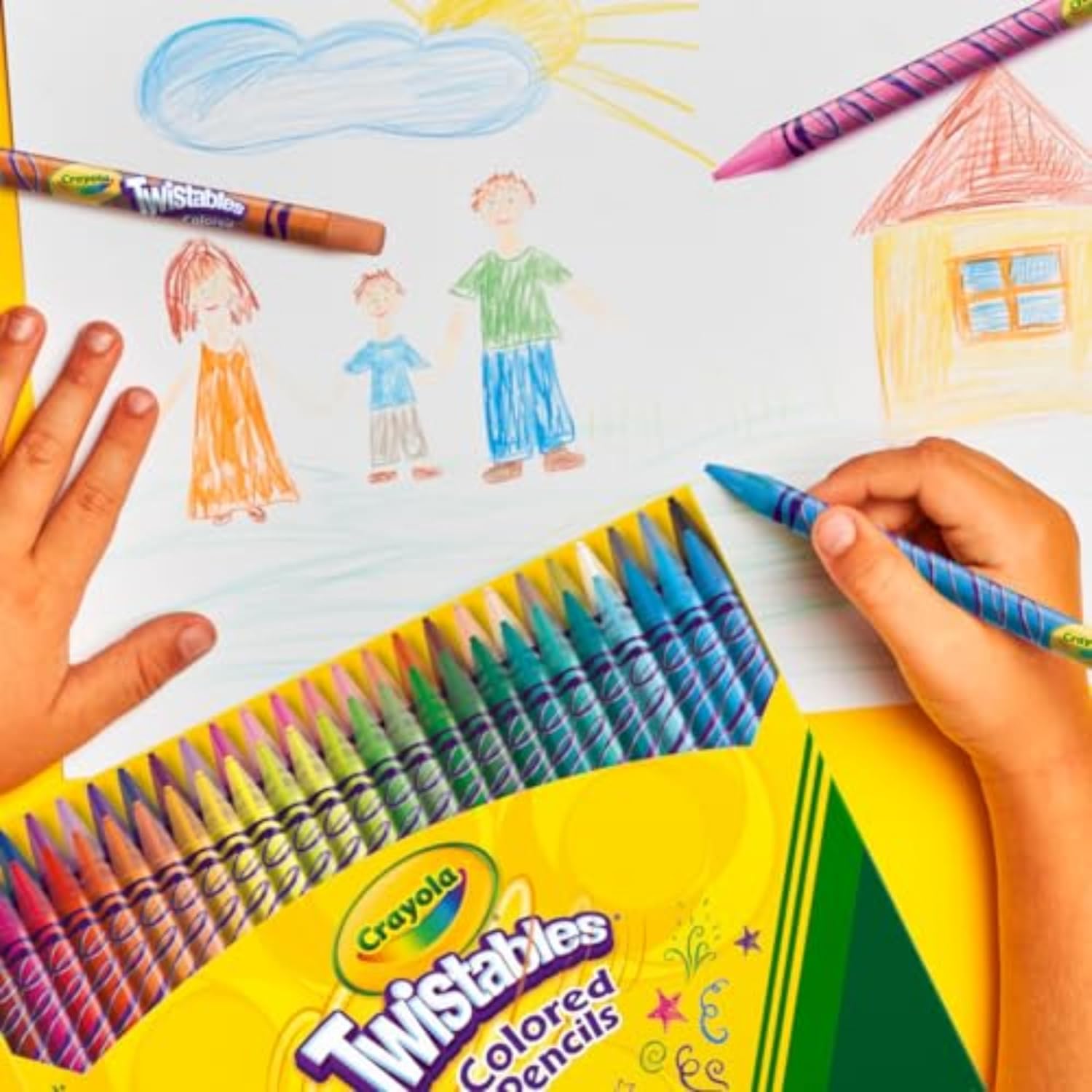 Showcases how Crayola Twistables can be used for creative family drawing activities, encouraging parents to buy for shared family time.