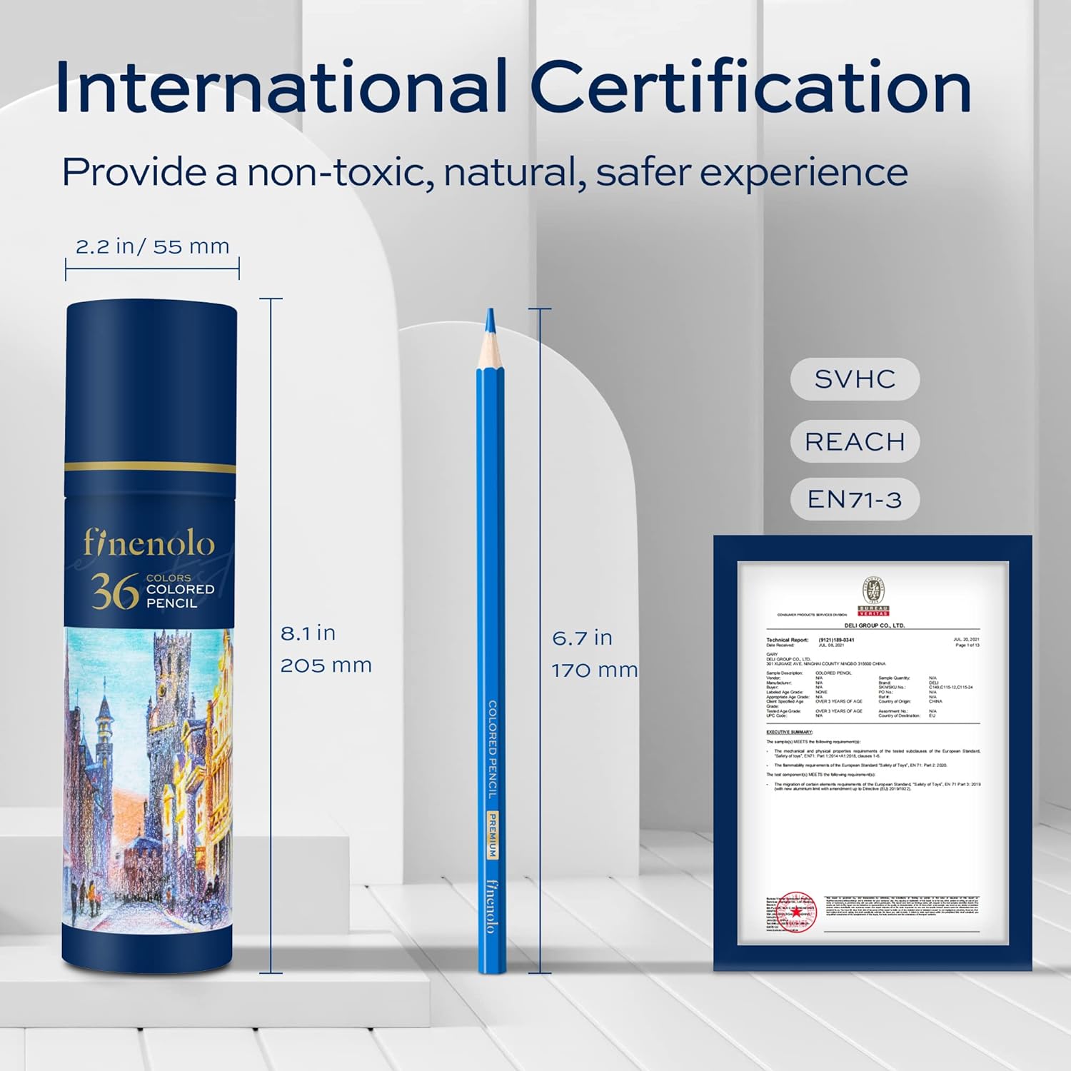 Highlights the product's safety certifications to reassure customers about its non-toxic and natural properties. Provides exact measurements of the colored pencil and its packaging to give customers…
