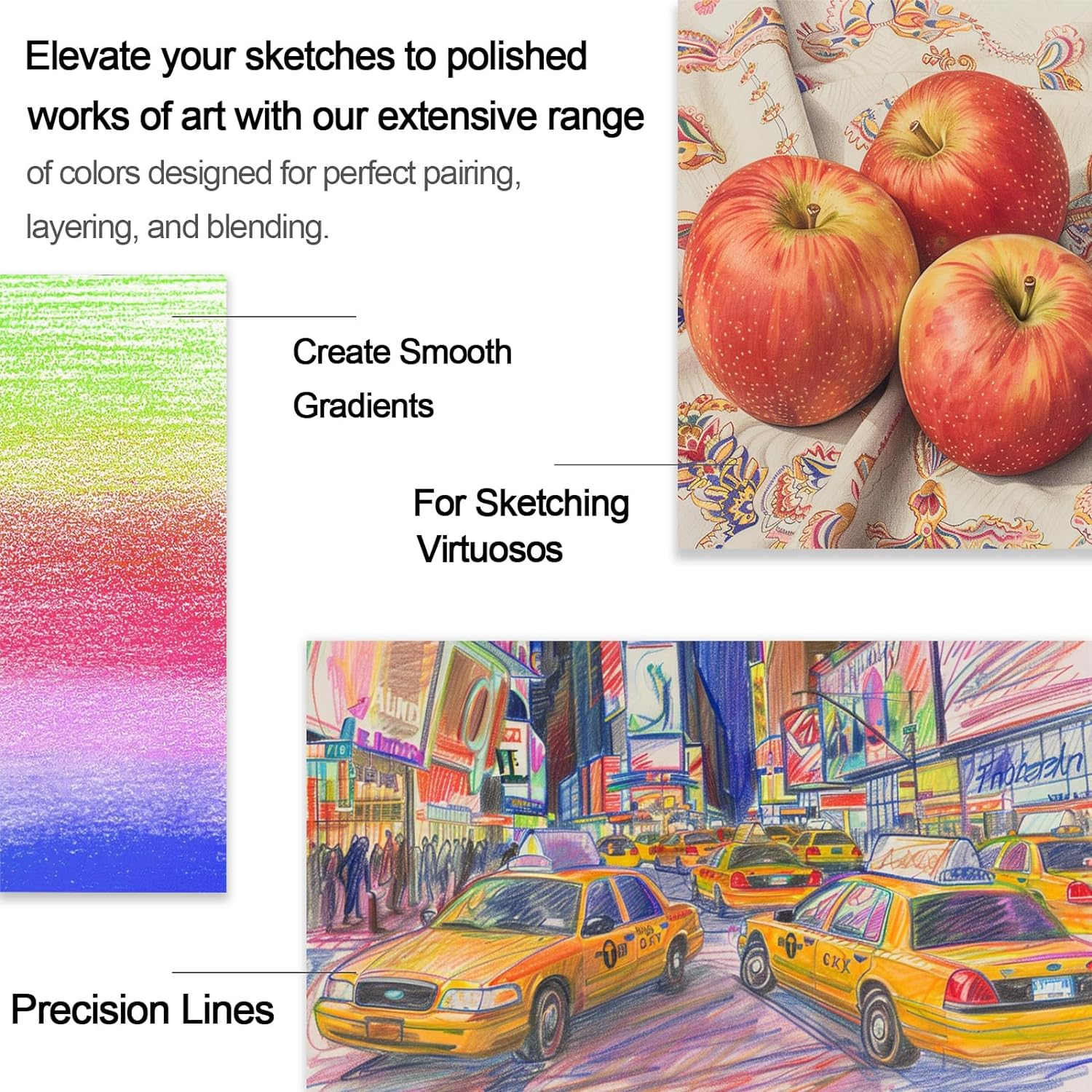 Showcases the product's extensive color range and ability to create smooth gradients, precise lines, and detailed sketches for various artistic styles.