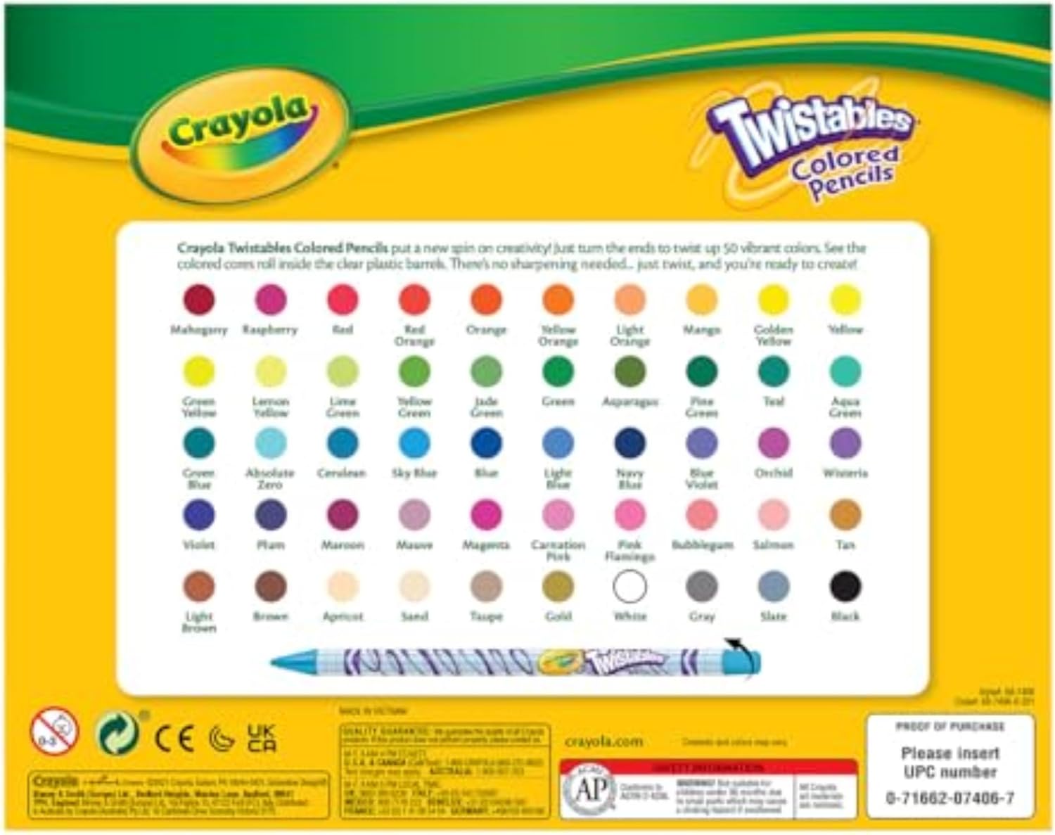 Showcases the full range of 50 vibrant colors available in the Crayola Twistables Colored Pencils set, helping customers understand the product's variety and versatility.