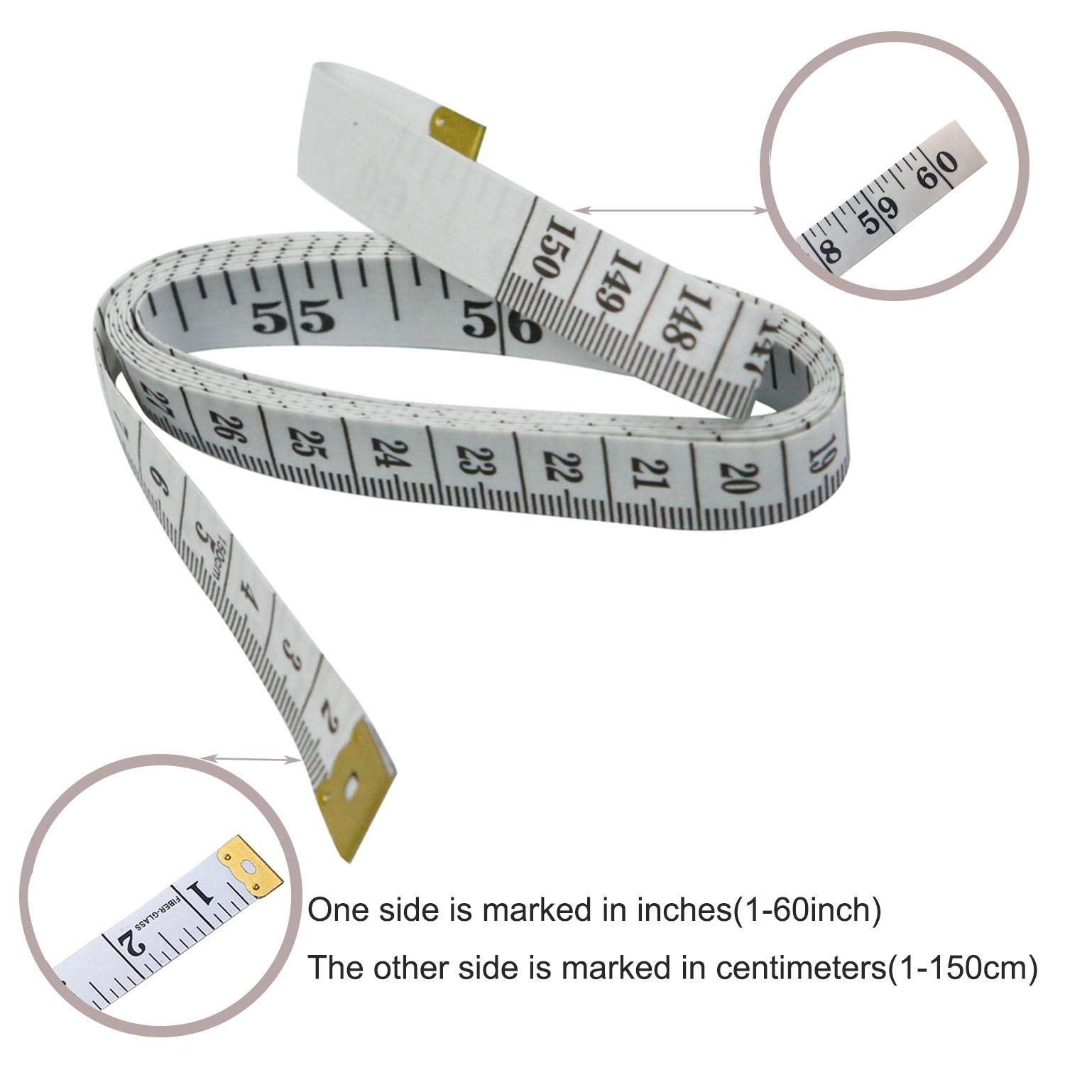 Shows the measuring tape's dual-unit system with inches and centimeters, helping customers understand the product's functionality and measurement range.