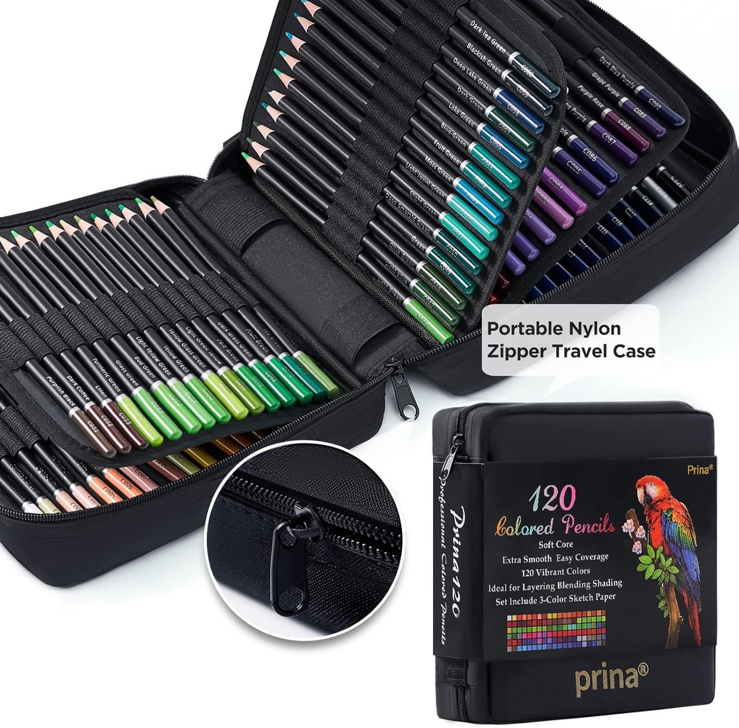 Shows the complete set of 120 colored pencils included and highlights the portable nylon zipper travel case for organization and transport.