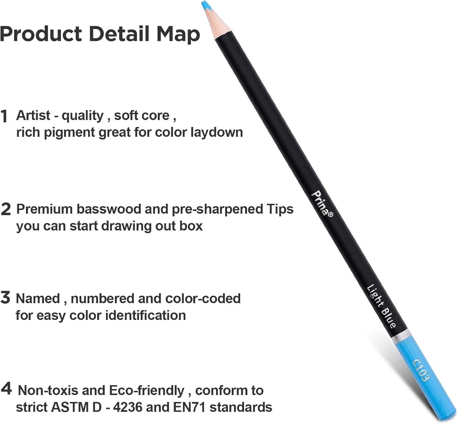 Highlights the key features and components of the colored pencil to showcase its quality and design.