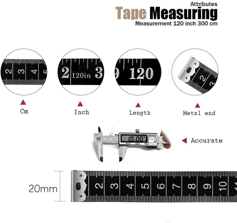 Demonstrates the tape measure's dual unit markings (cm/inch) and highlights its accuracy and length capacity. Shows key features of the tape measure including the metal end and clear measurement…