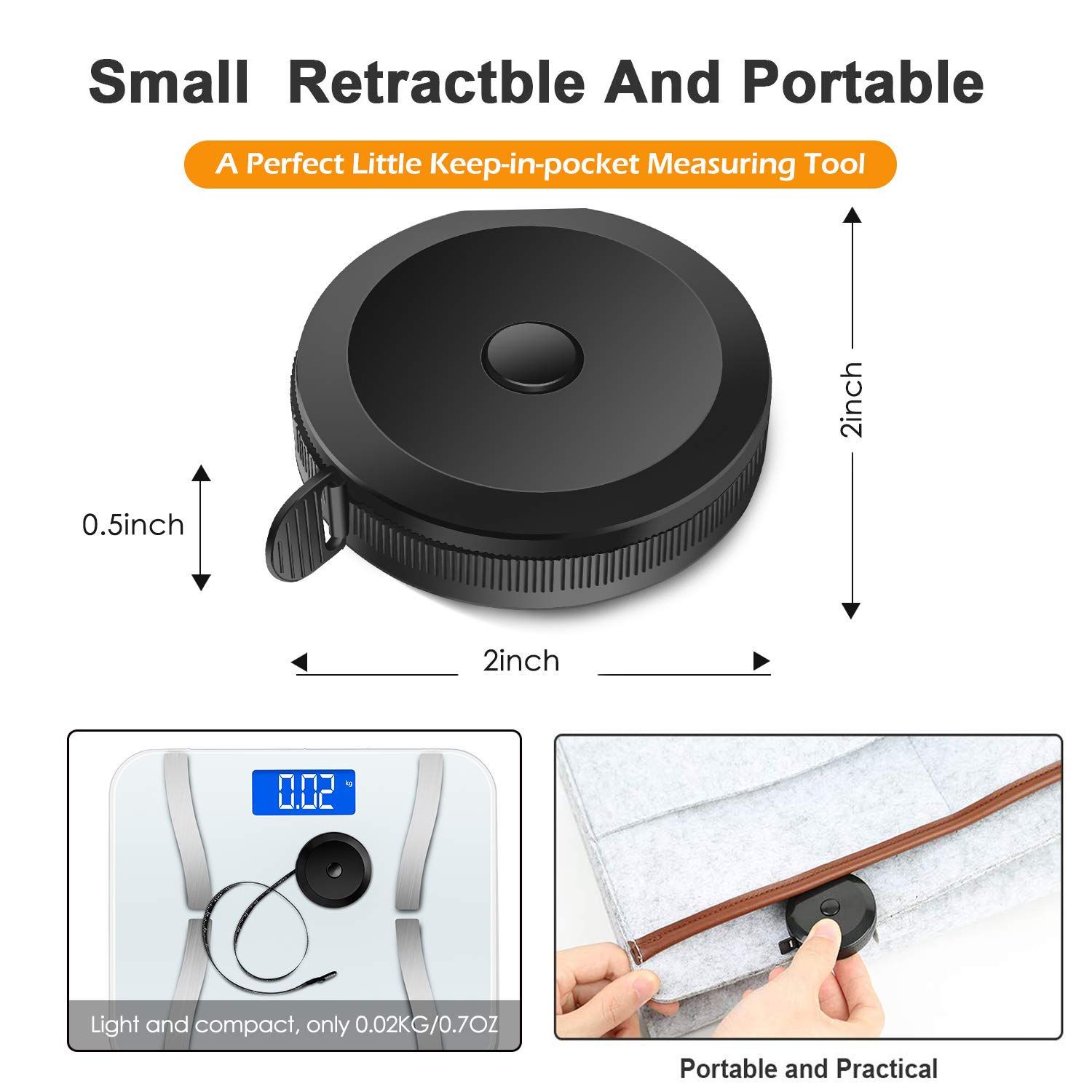 Demonstrates the small, pocket-sized dimensions of the measuring tool to highlight its portability and convenience. Emphasizes the retractable feature of the measuring tool, showcasing its…