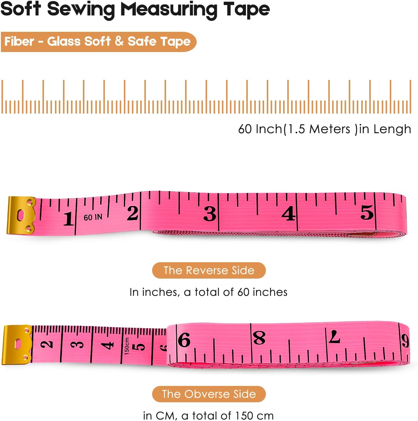 Shows the length and measurement units of the soft sewing tape, demonstrating its 60-inch (1.5 meters) length and dual-sided measurements in inches and centimeters.