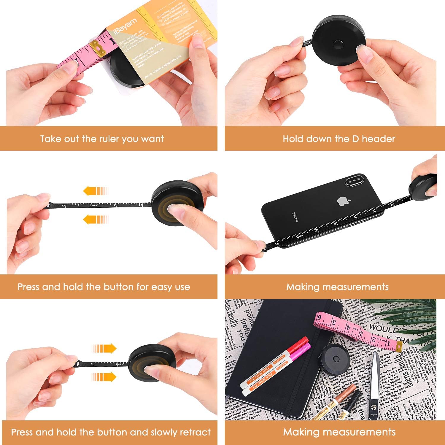 Demonstrates step-by-step instructions on how to use the retractable measuring tape product, showing its ease of use and functionality.