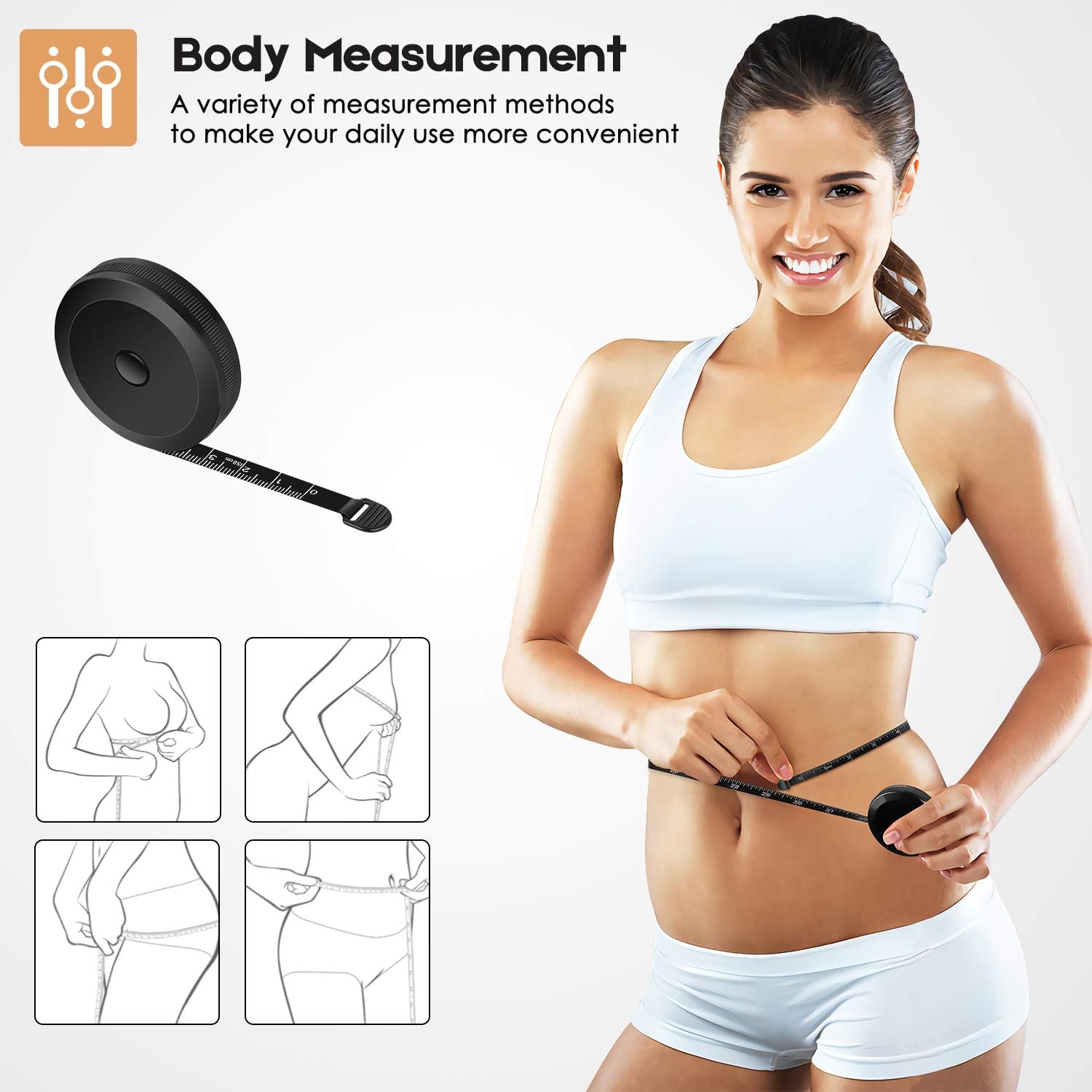 Demonstrates various methods for measuring different body parts, making daily use more convenient for the customer. Highlights the product's versatility in measuring different body areas and its…
