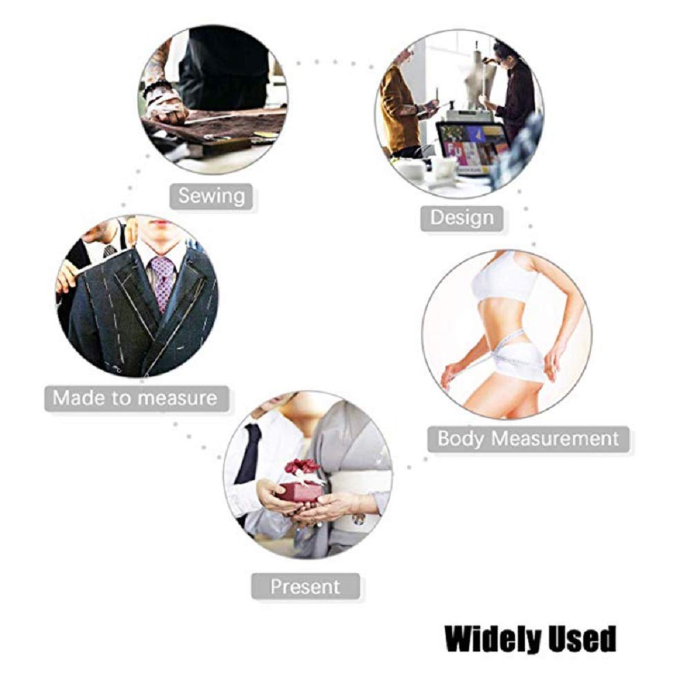 Demonstrates the various applications and use cases for the product, likely a measuring tape or tailoring tool.