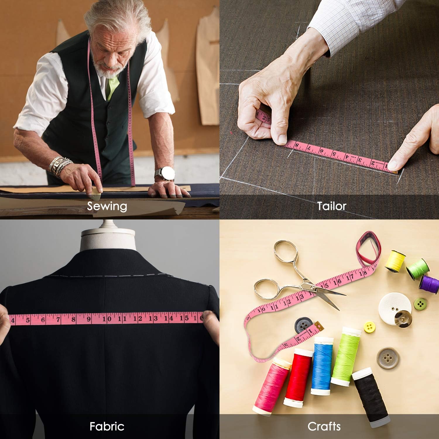 Demonstrates the versatility of the product (likely a measuring tape) across various sewing and crafting applications.