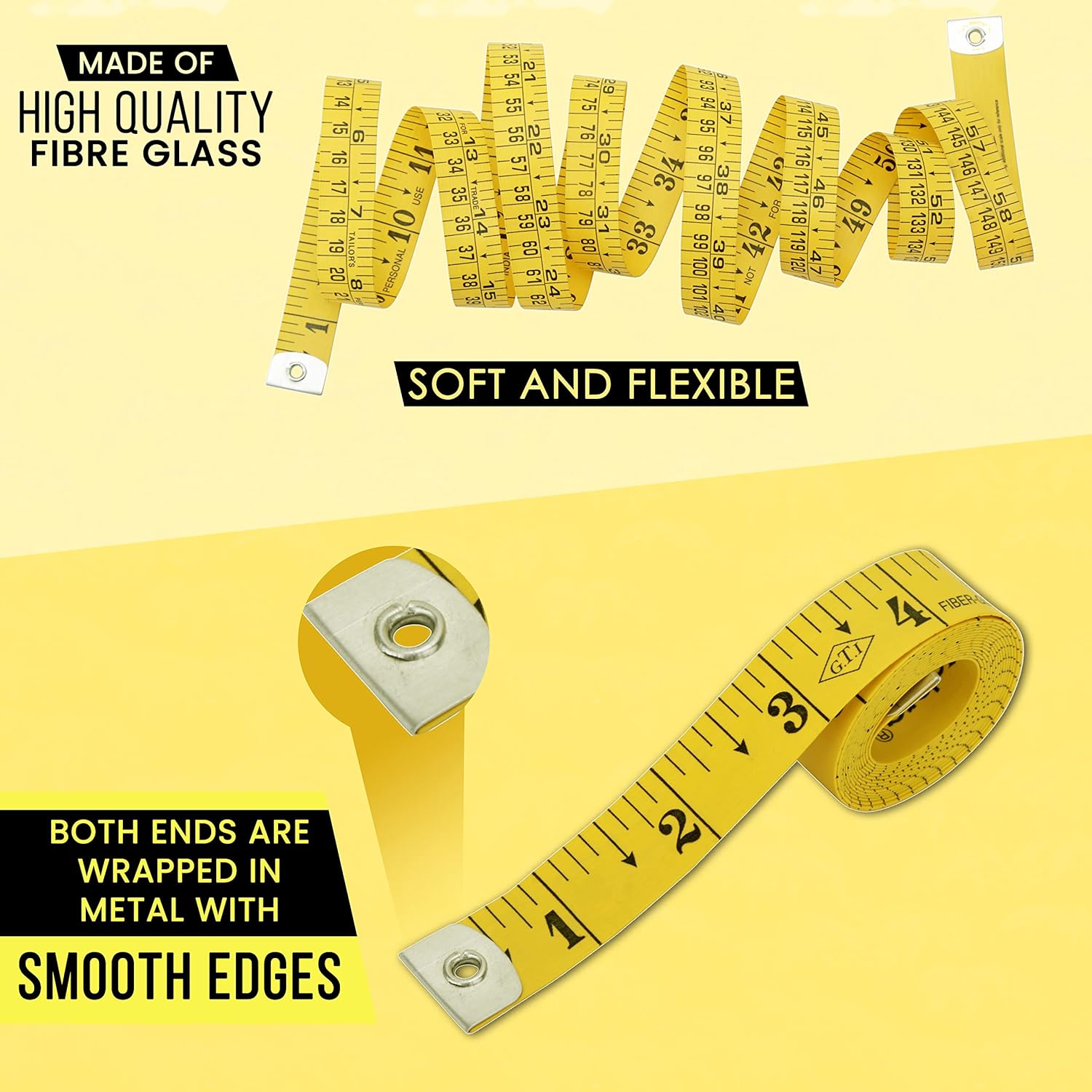 Highlights multiple key features of the measuring tape to demonstrate its quality and usability.