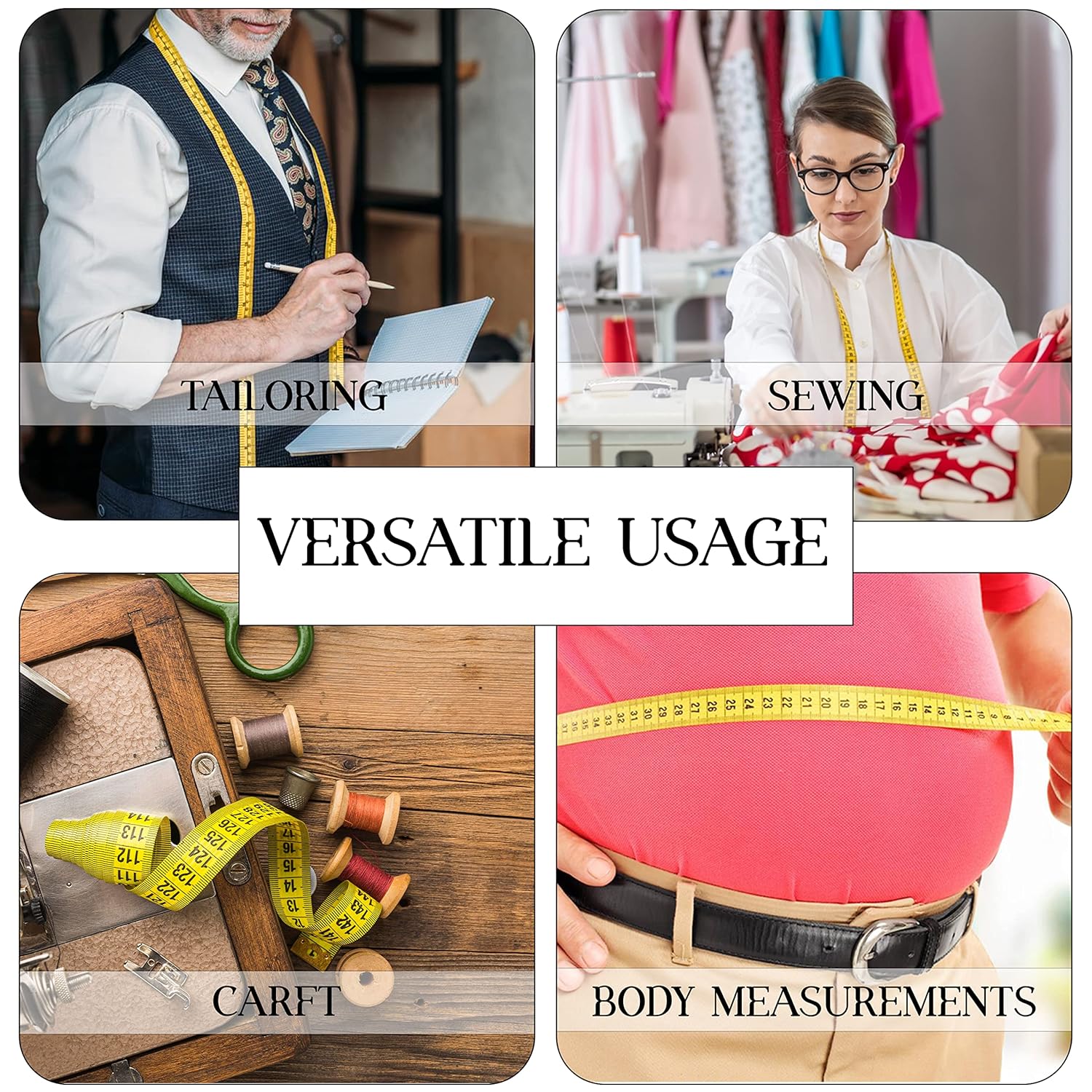 Demonstrates the versatile usage of the product (likely a measuring tape) across various applications in tailoring, sewing, crafting, and taking body measurements.