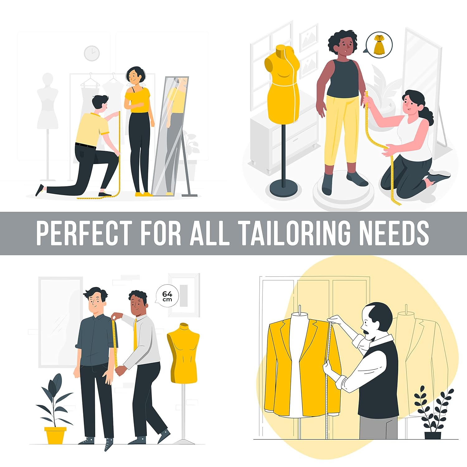 Demonstrates various tailoring scenarios to show the product's versatility in different fitting and alteration needs.