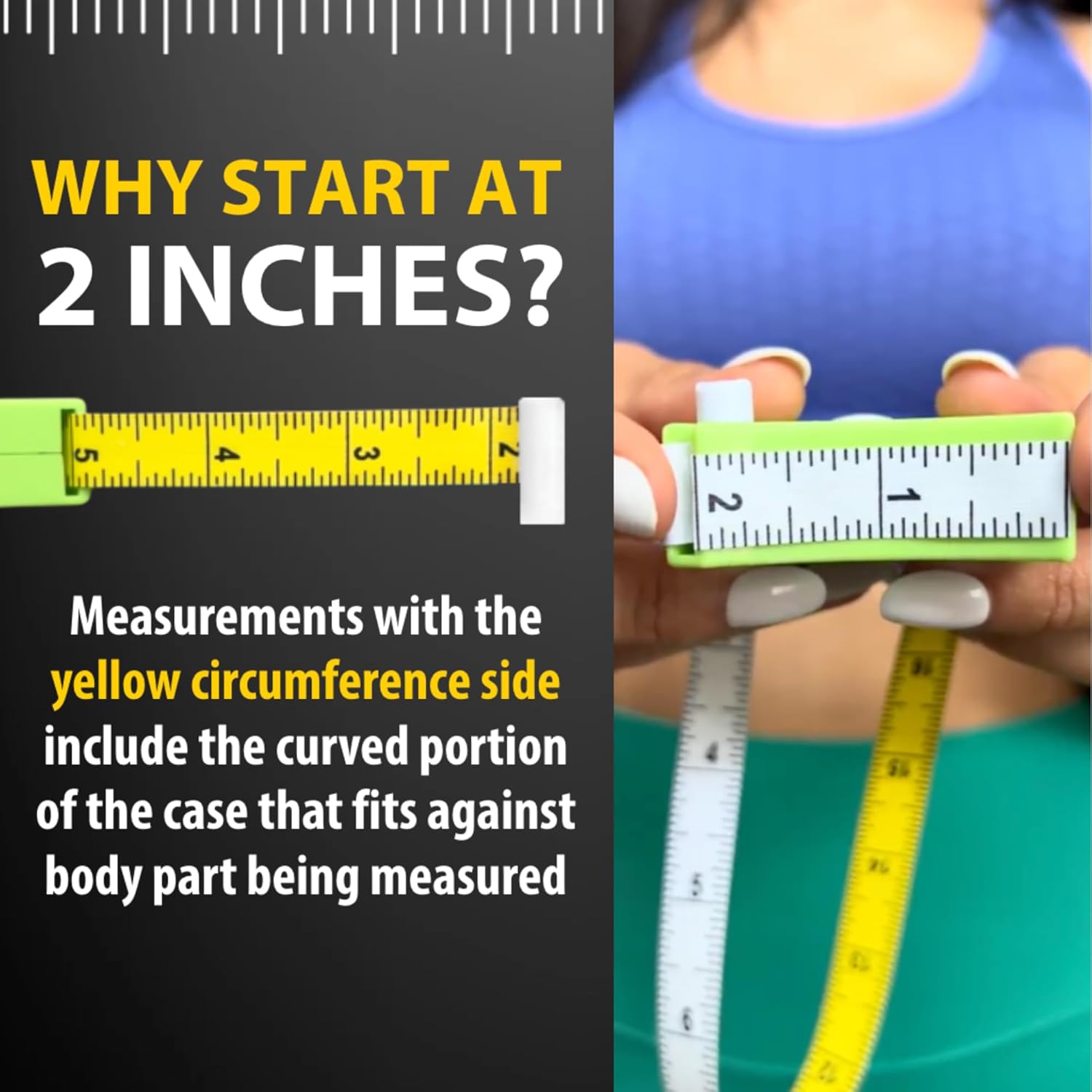 Explains how to correctly use the product for accurate body measurements, focusing on starting at the 2-inch mark and including the curved portion of the tape measure.