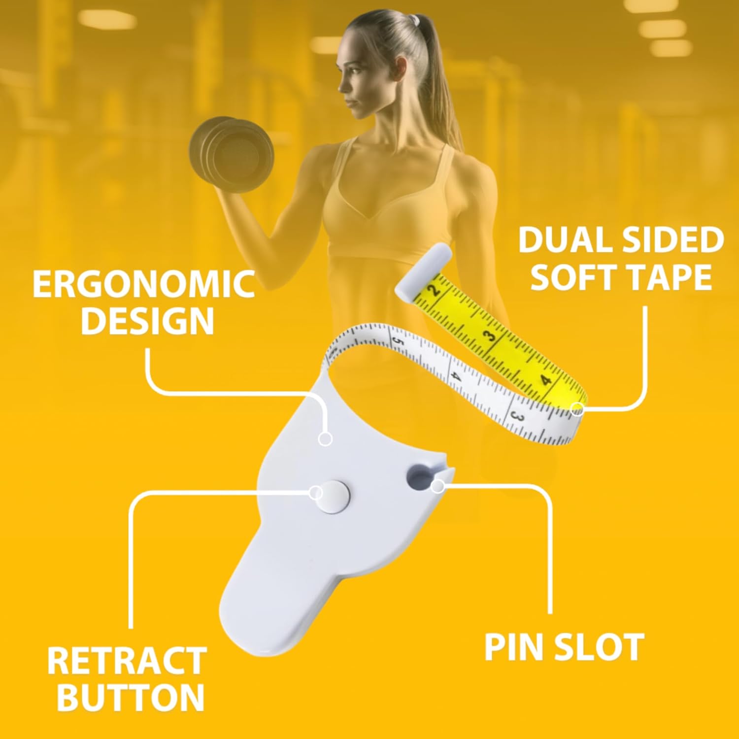 Highlights the key features of the product, showing its ergonomic design and functionality as a retractable tape measure. Showcases multiple features of the tape measure, emphasizing its…