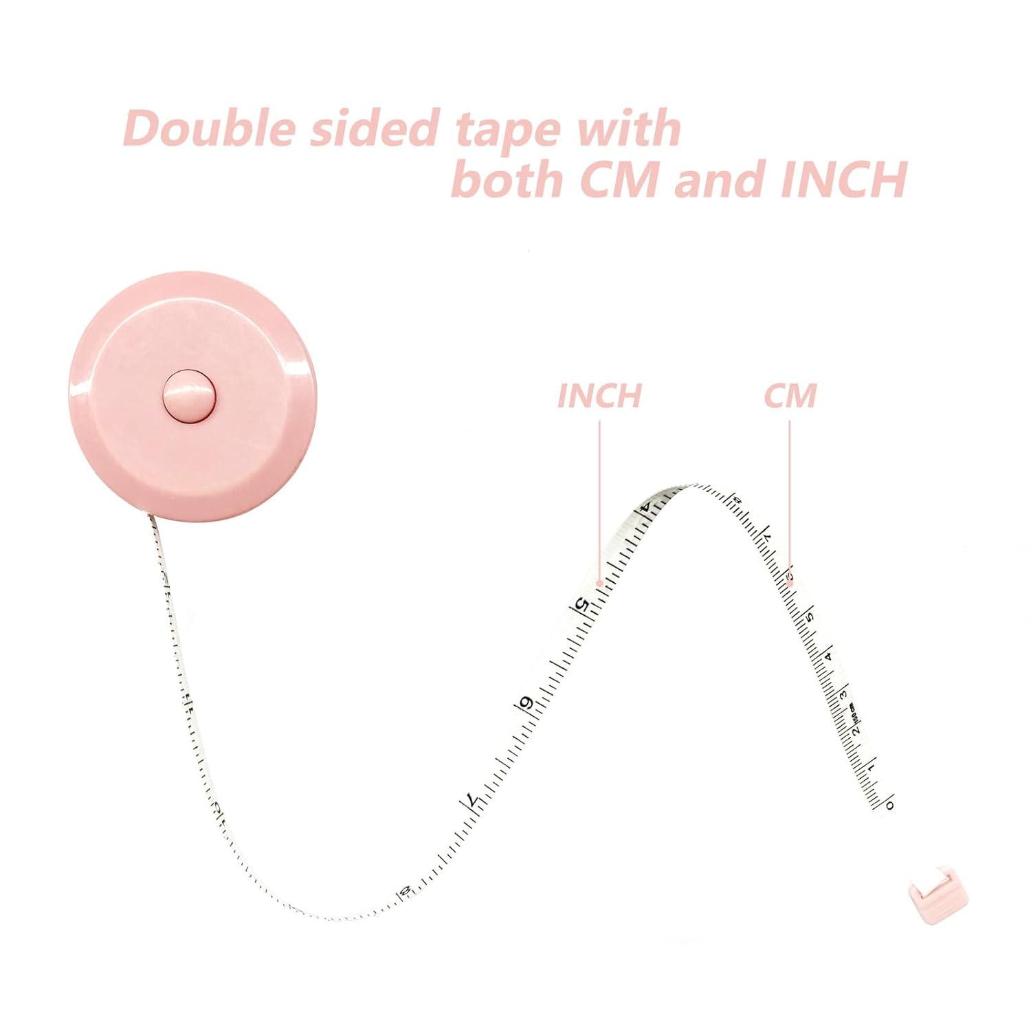 Highlights the product's dual-sided tape measure with both centimeter and inch measurements, emphasizing its versatility for different measurement needs.