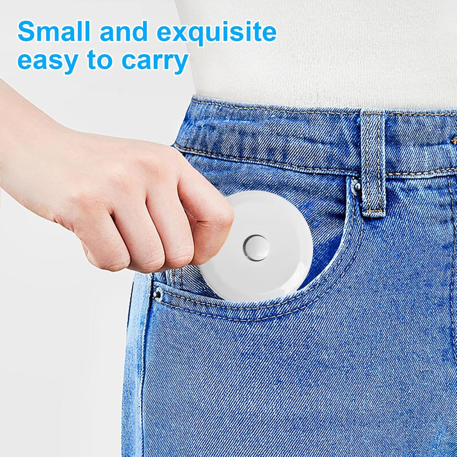 Emphasizes the product's small, portable design that easily fits in a pocket.
