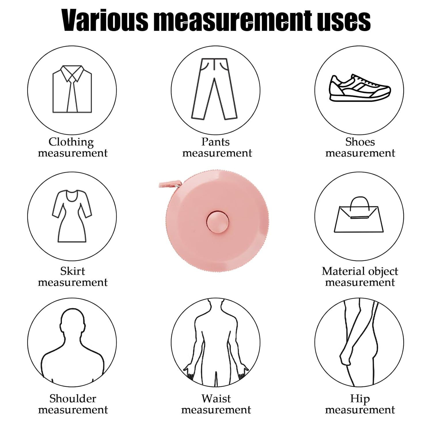 Demonstrates the versatility of the measuring tape for various clothing and body measurements, helping shoppers understand its wide range of applications.