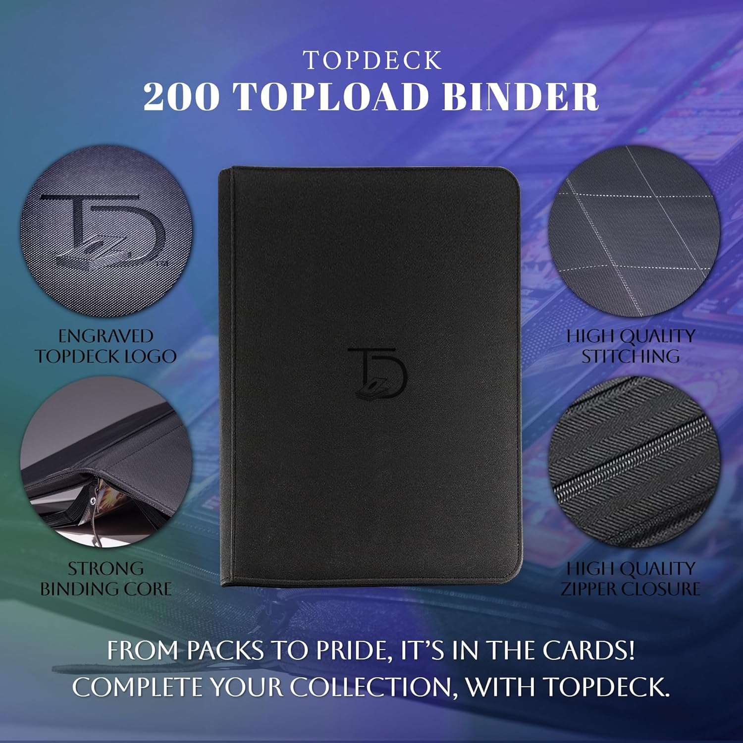 Showcases multiple quality features of the Topdeck 200 Topload Binder to demonstrate its premium construction and durability.