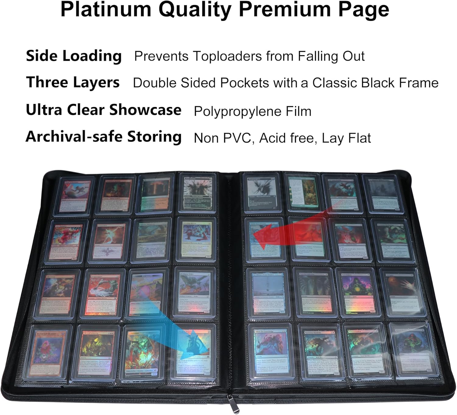 Highlights multiple premium features of the card storage binder to demonstrate its quality and functionality for collectors.