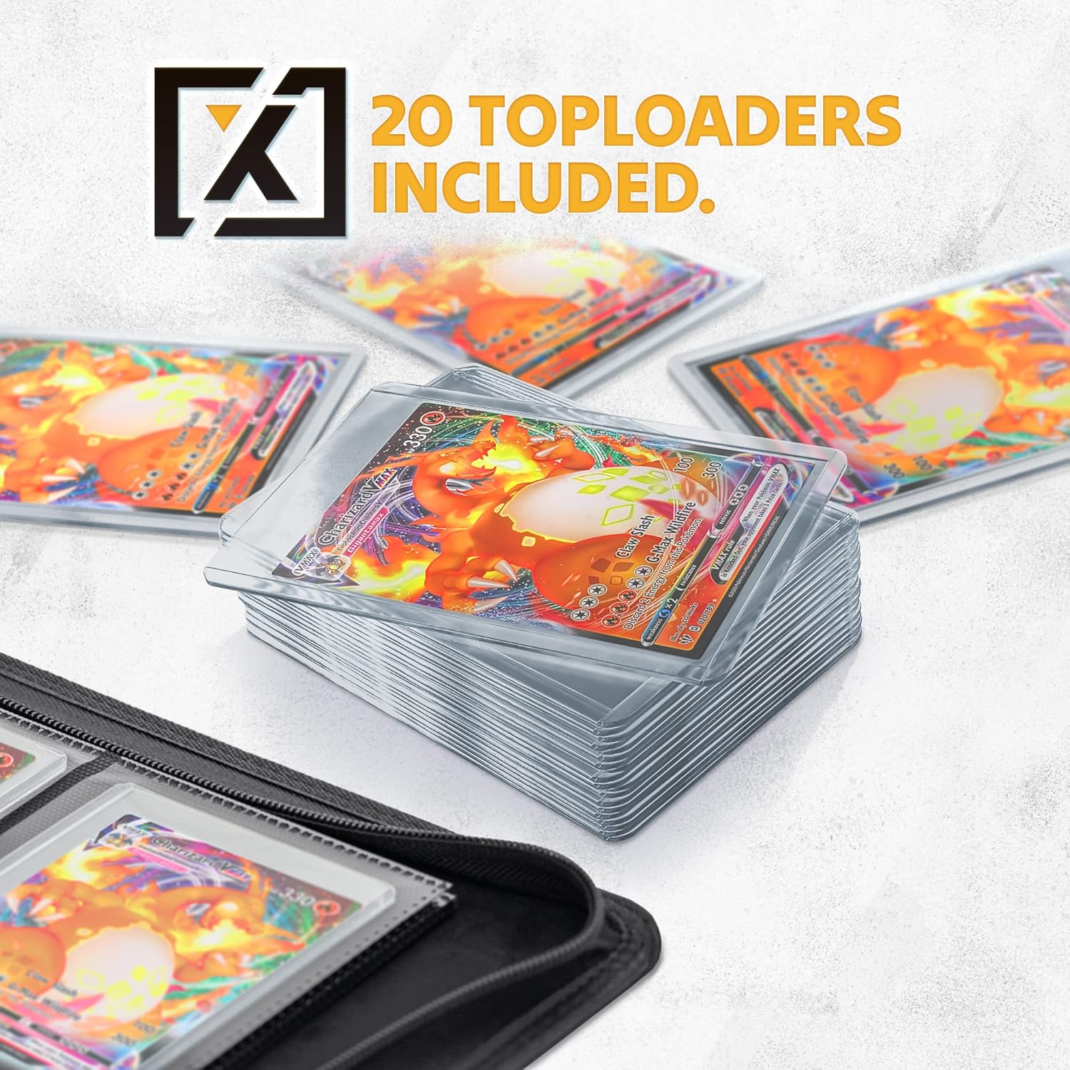 Highlights that the product includes 20 toploaders, informing customers about the quantity of card protectors they'll receive.