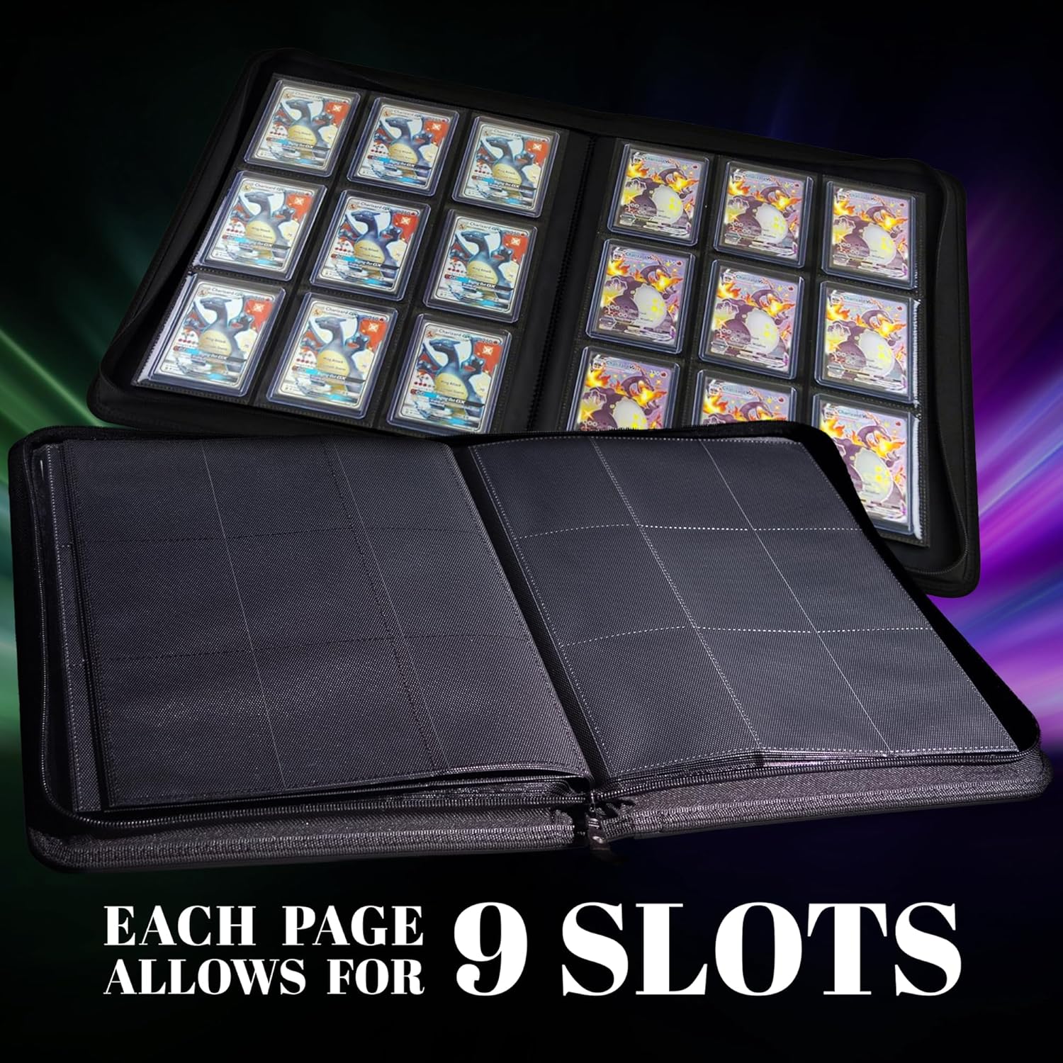 Demonstrates the product's ability to store and organize multiple trading cards, highlighting its storage capacity and convenience for collectors.