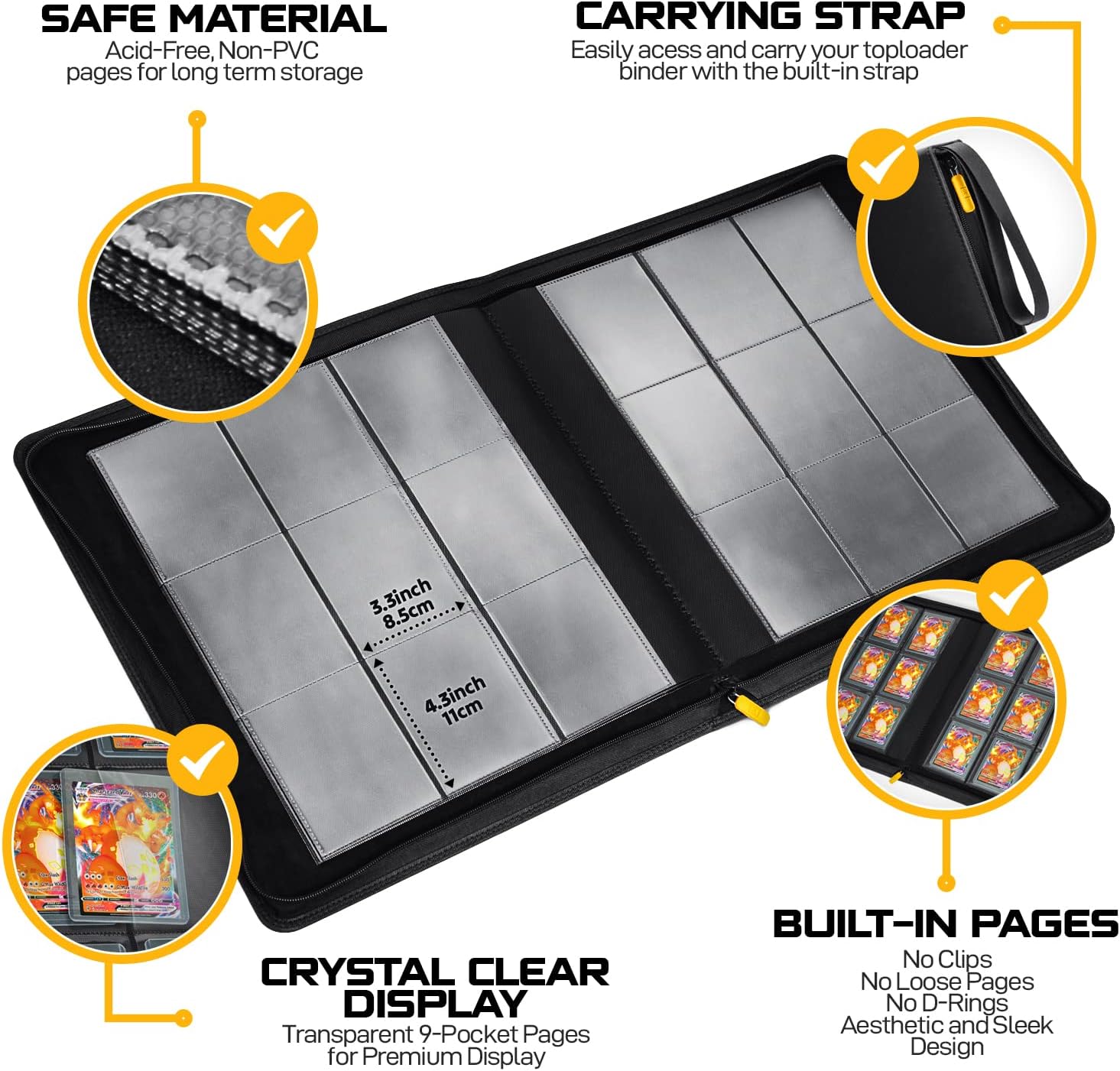Highlights multiple key features of the binder to demonstrate its quality, durability, and ease of use for storing and displaying cards.