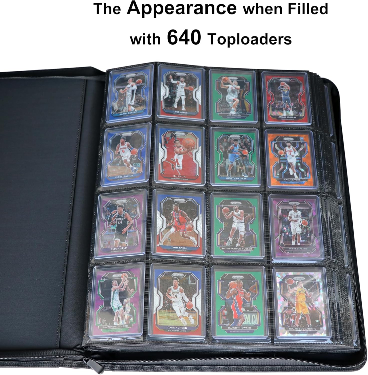 Demonstrates the large storage capacity of the binder, showing it can hold 640 trading cards.