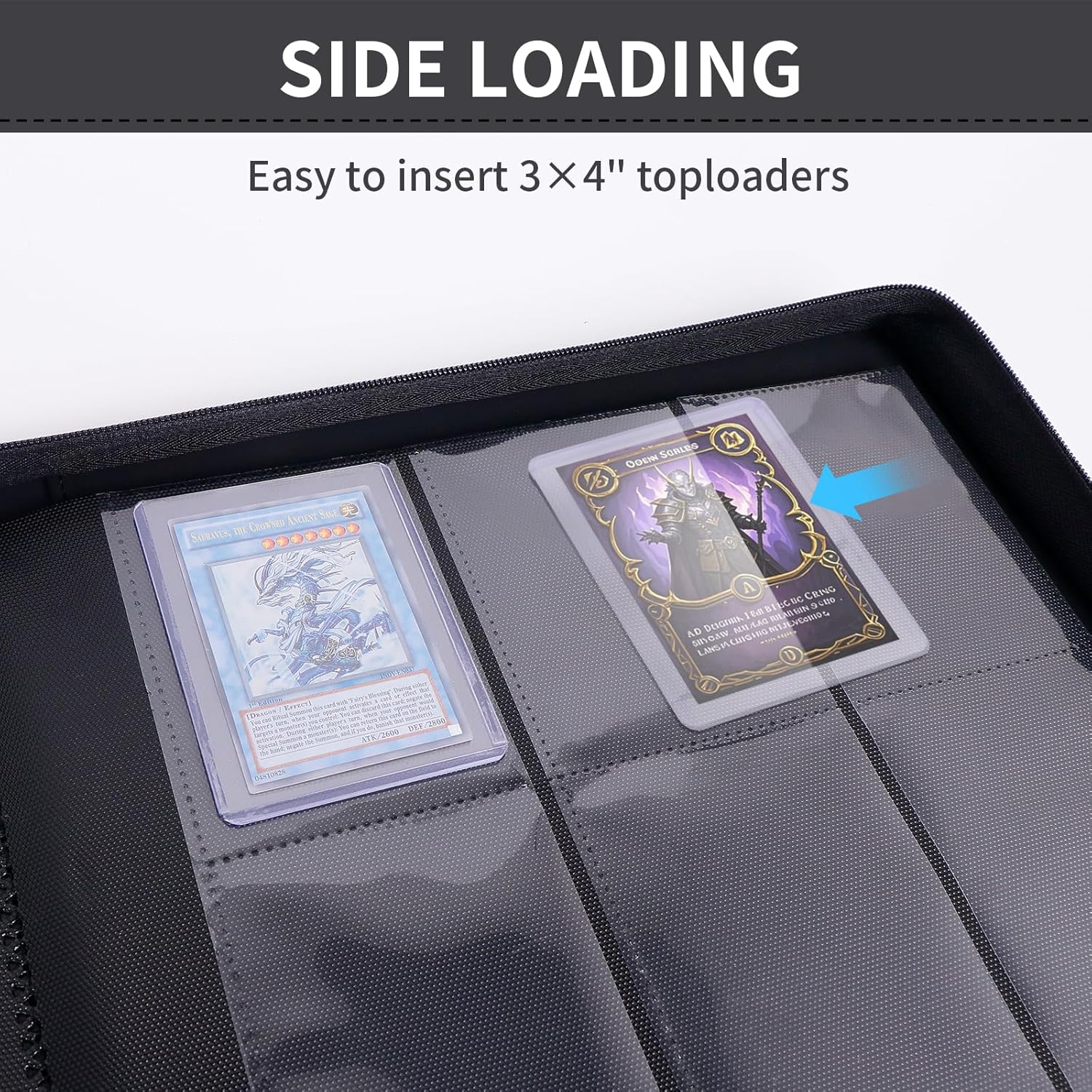 Demonstrates how to easily insert 3x4 inch toploaders into the product, highlighting its user-friendly design for card collectors.