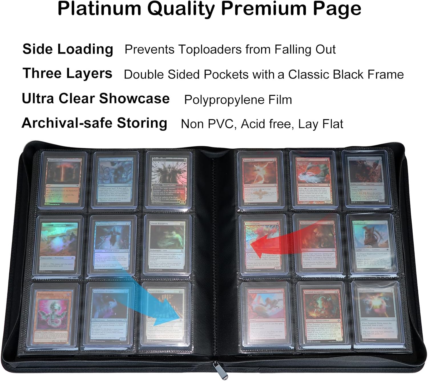 Highlights multiple premium features of the card storage binder to demonstrate its quality and functionality for collectors.