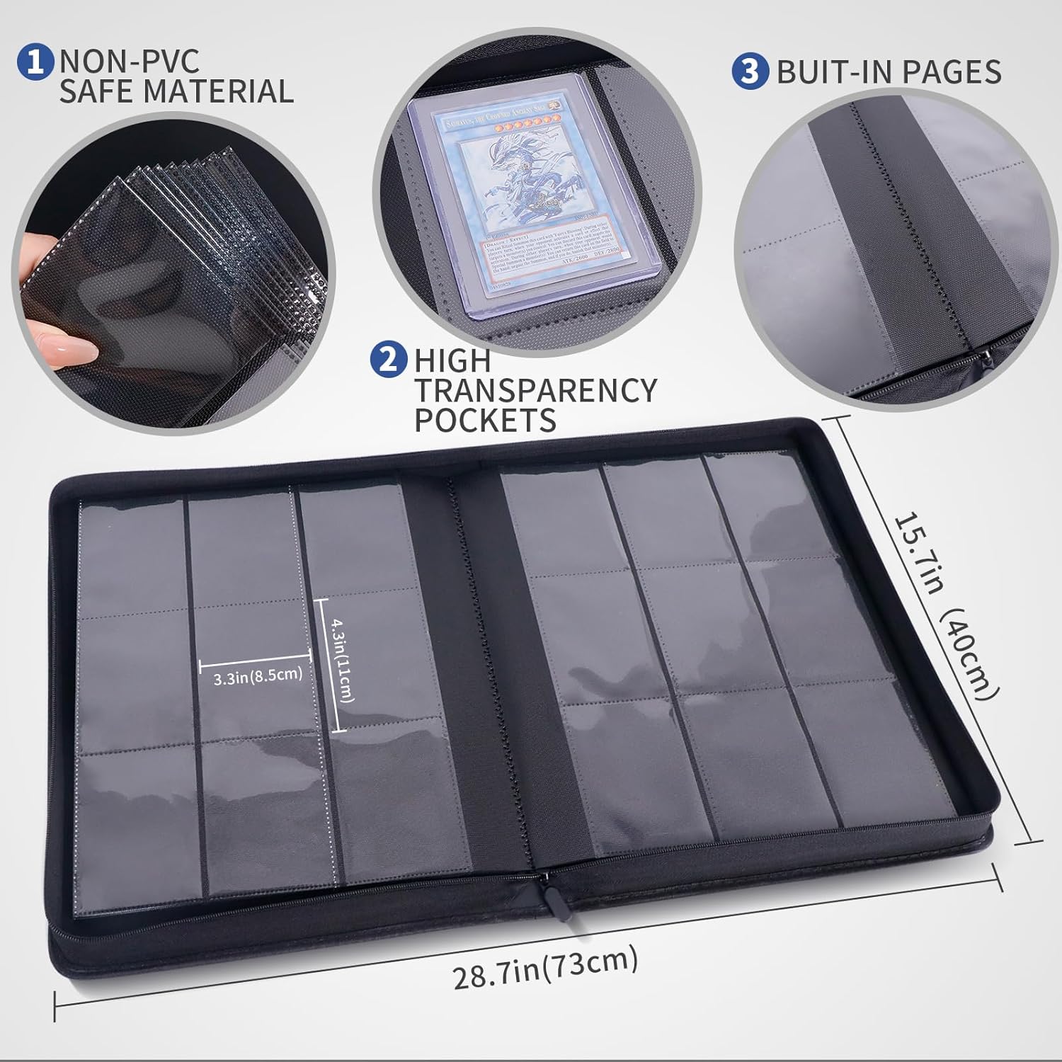Highlights multiple key features of the product to demonstrate its quality and functionality for storing collectible cards.