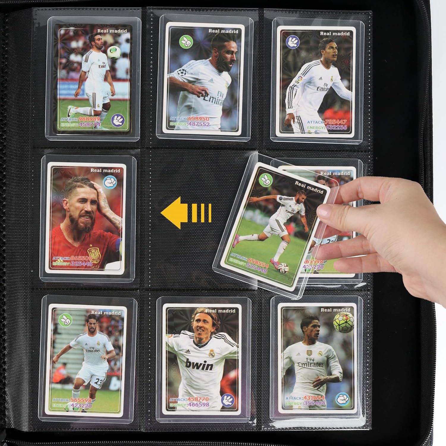 Demonstrates how to insert and organize trading cards in a binder, showing the proper placement of cards in protective sleeves.