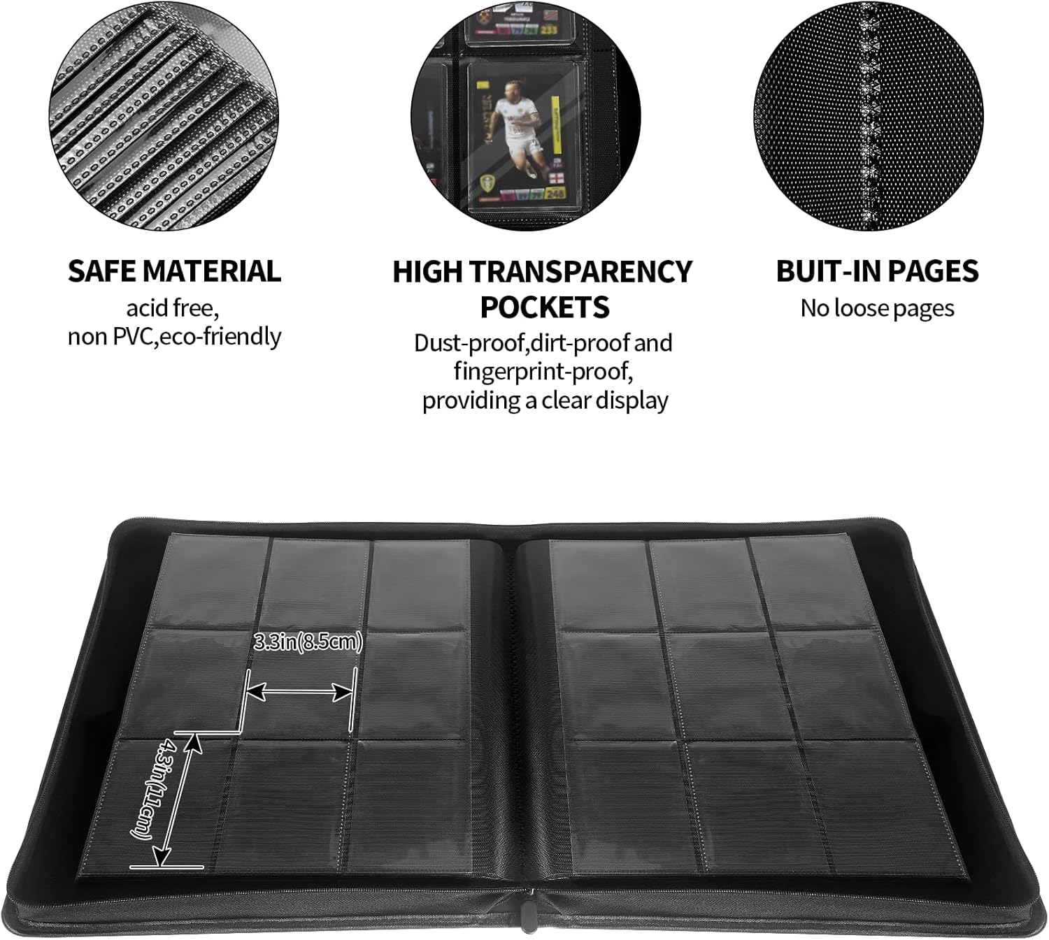 Highlights multiple key features of the product to demonstrate its quality, durability, and functionality for storing and displaying collectible cards.