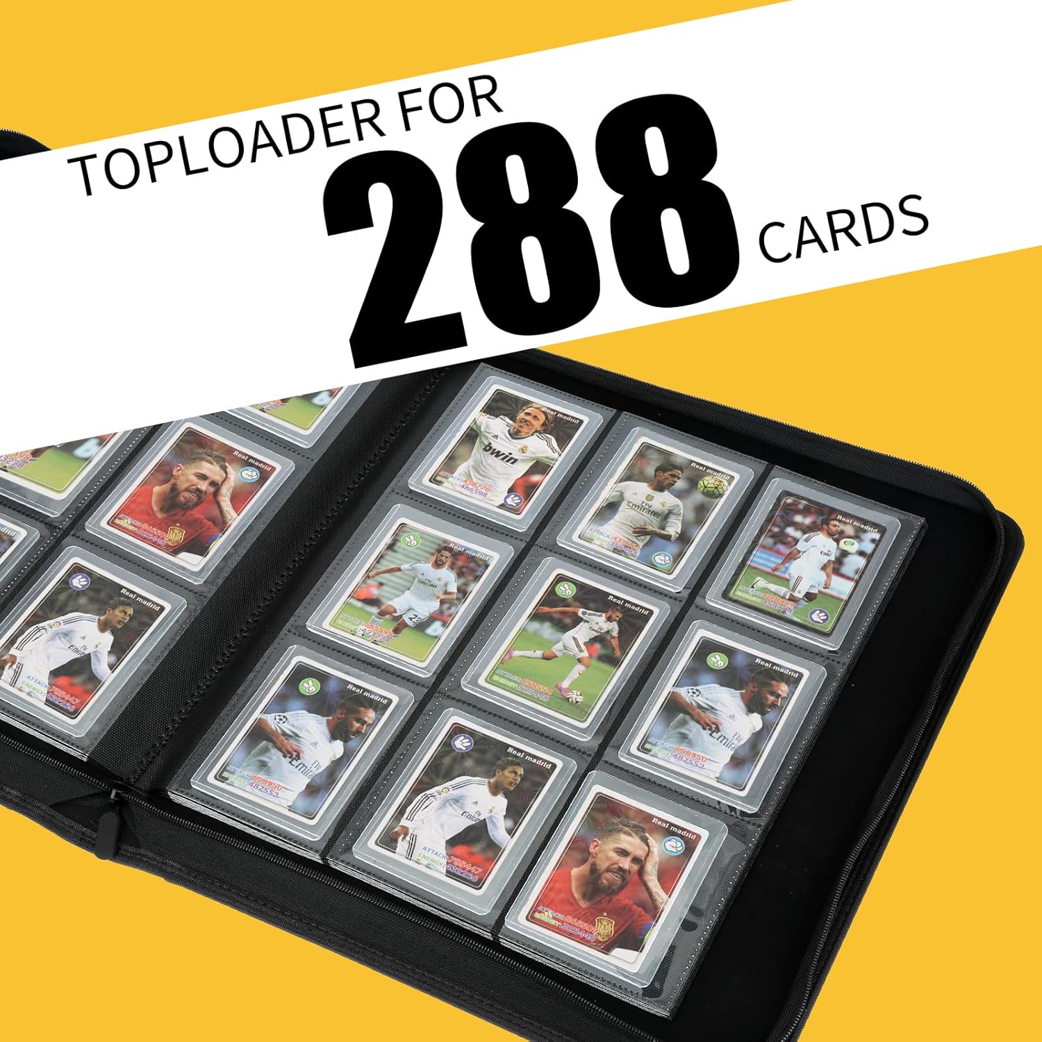 Showcases the product's ability to store and organize a large number of trading cards, emphasizing its capacity of 288 cards.