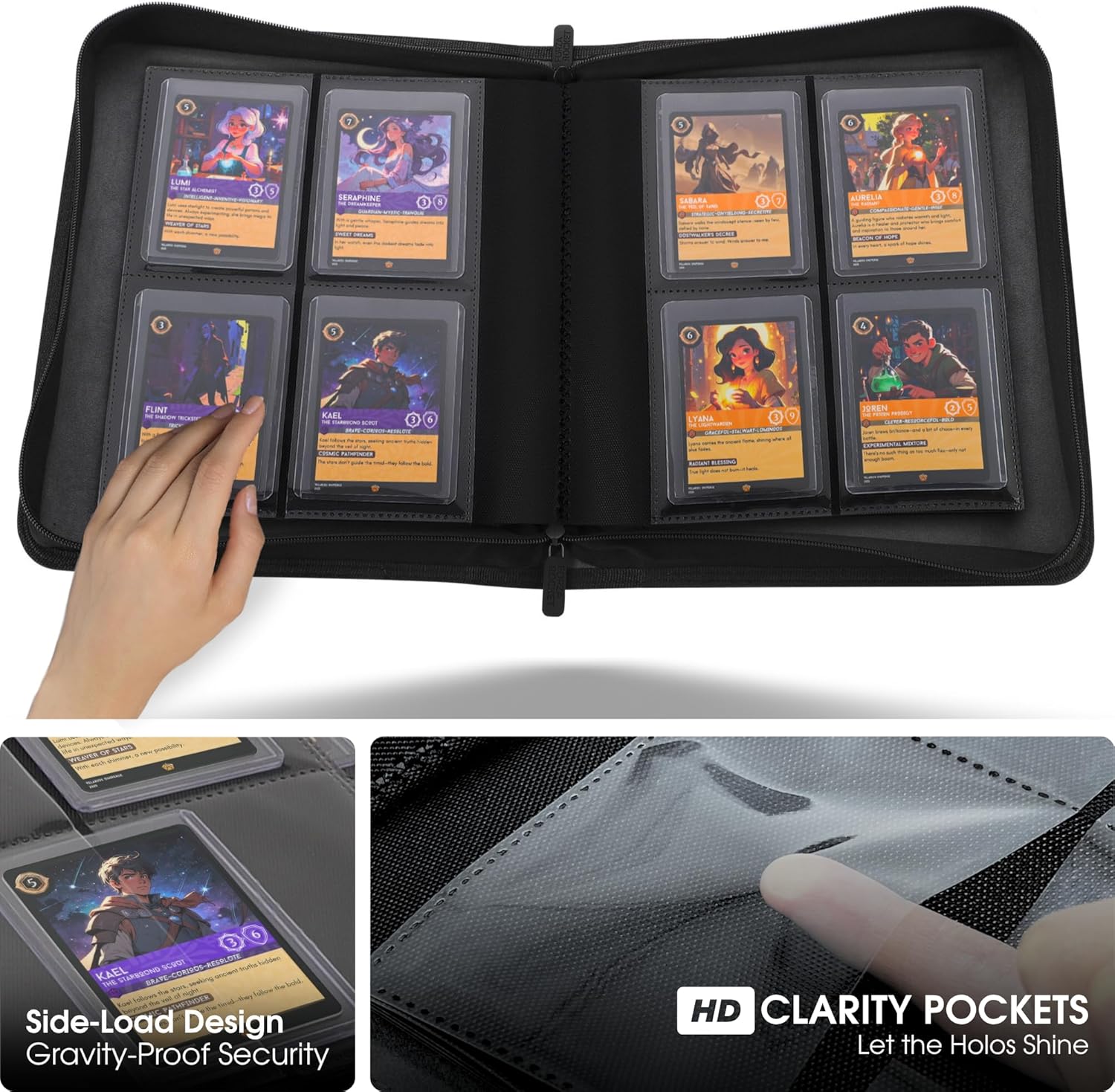 Showcases the product's capacity to store and organize trading cards or game cards in a protective binder format.