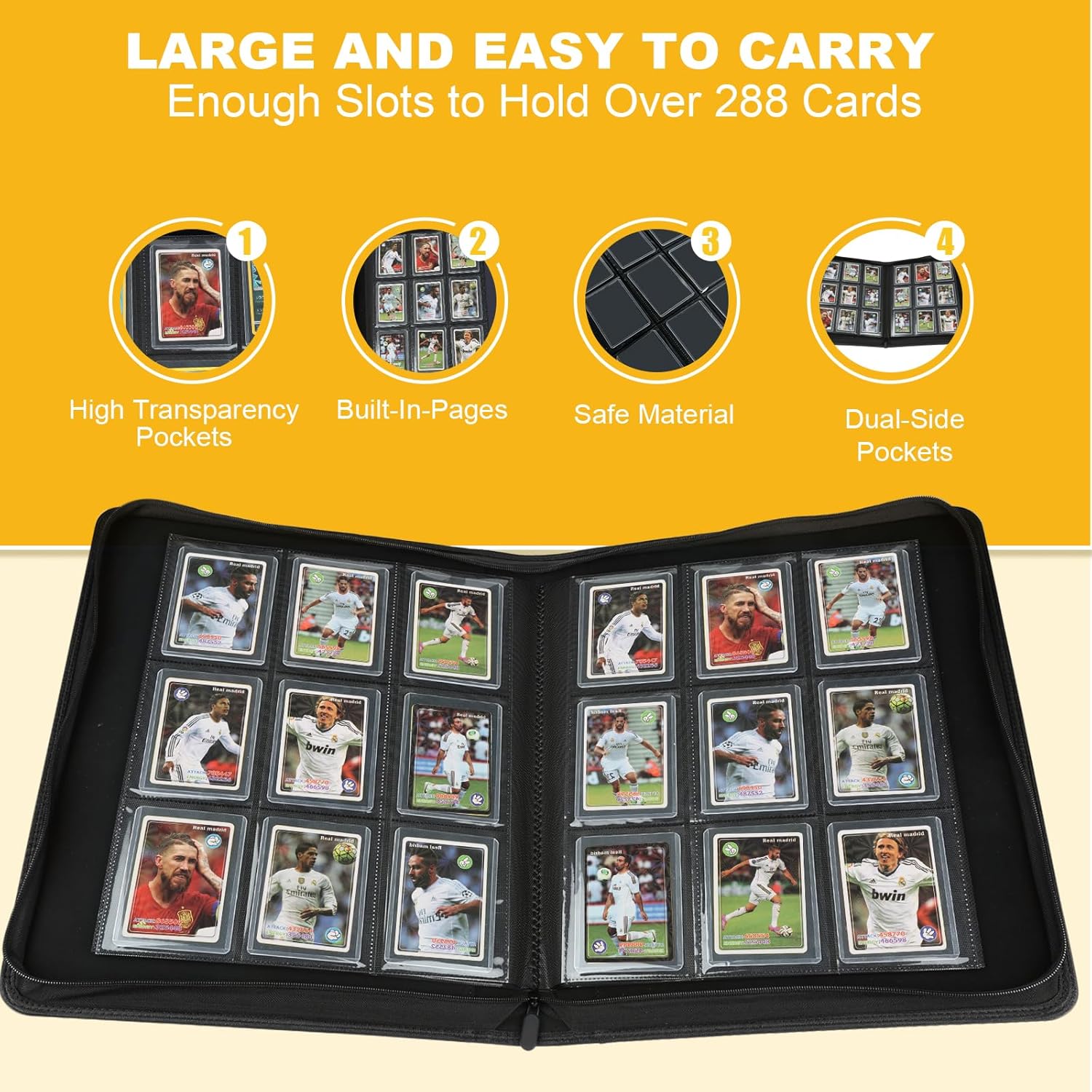 Highlights multiple features of the card holder to show its convenience and functionality for collectors.