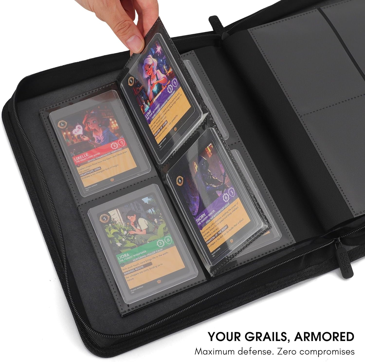 Showcases a specialized storage case for collectible cards, emphasizing organization and protection features.