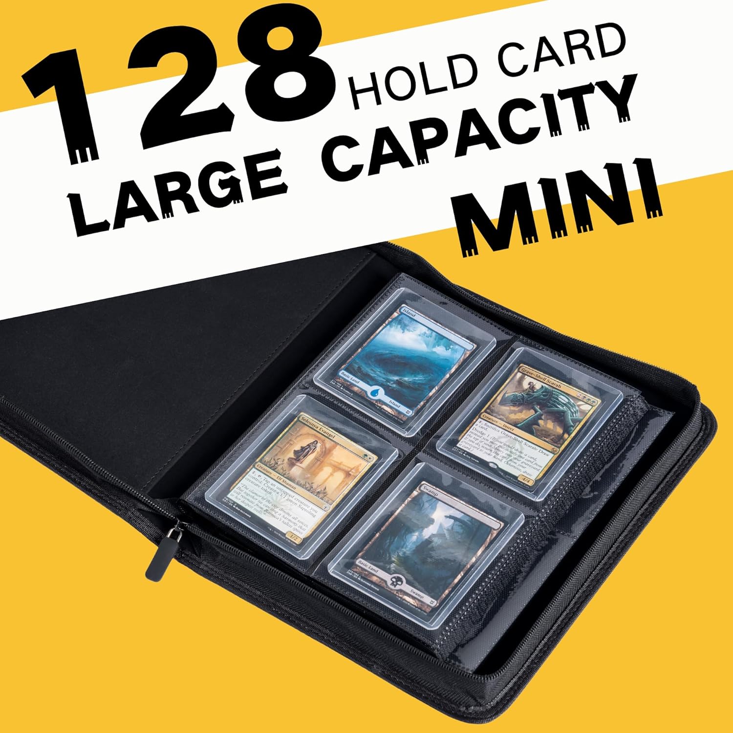 Highlights the large card holding capacity of 128 cards to appeal to collectors or gamers who need to store and transport many cards.