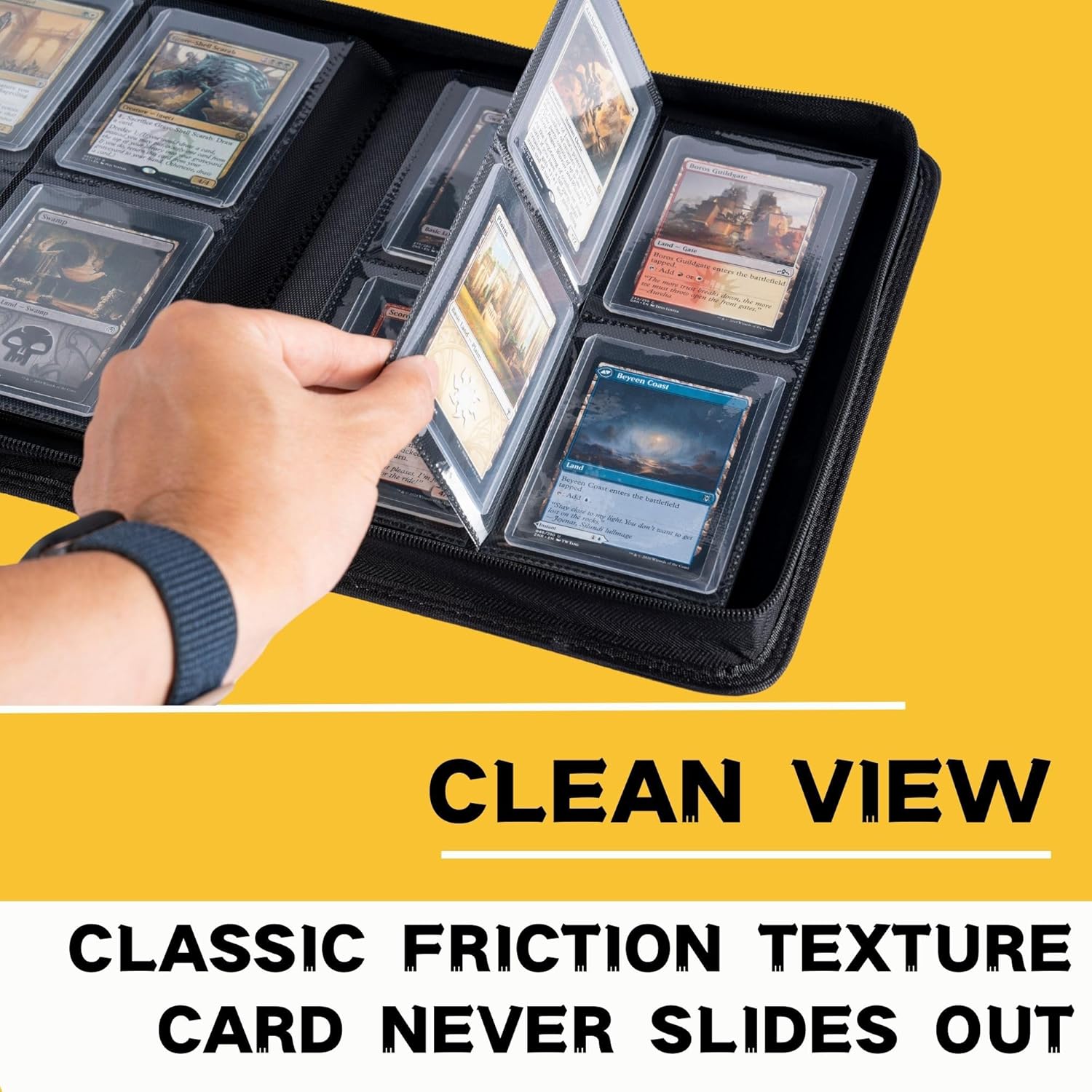 Highlights the product's ability to securely hold cards in place, preventing them from sliding out.